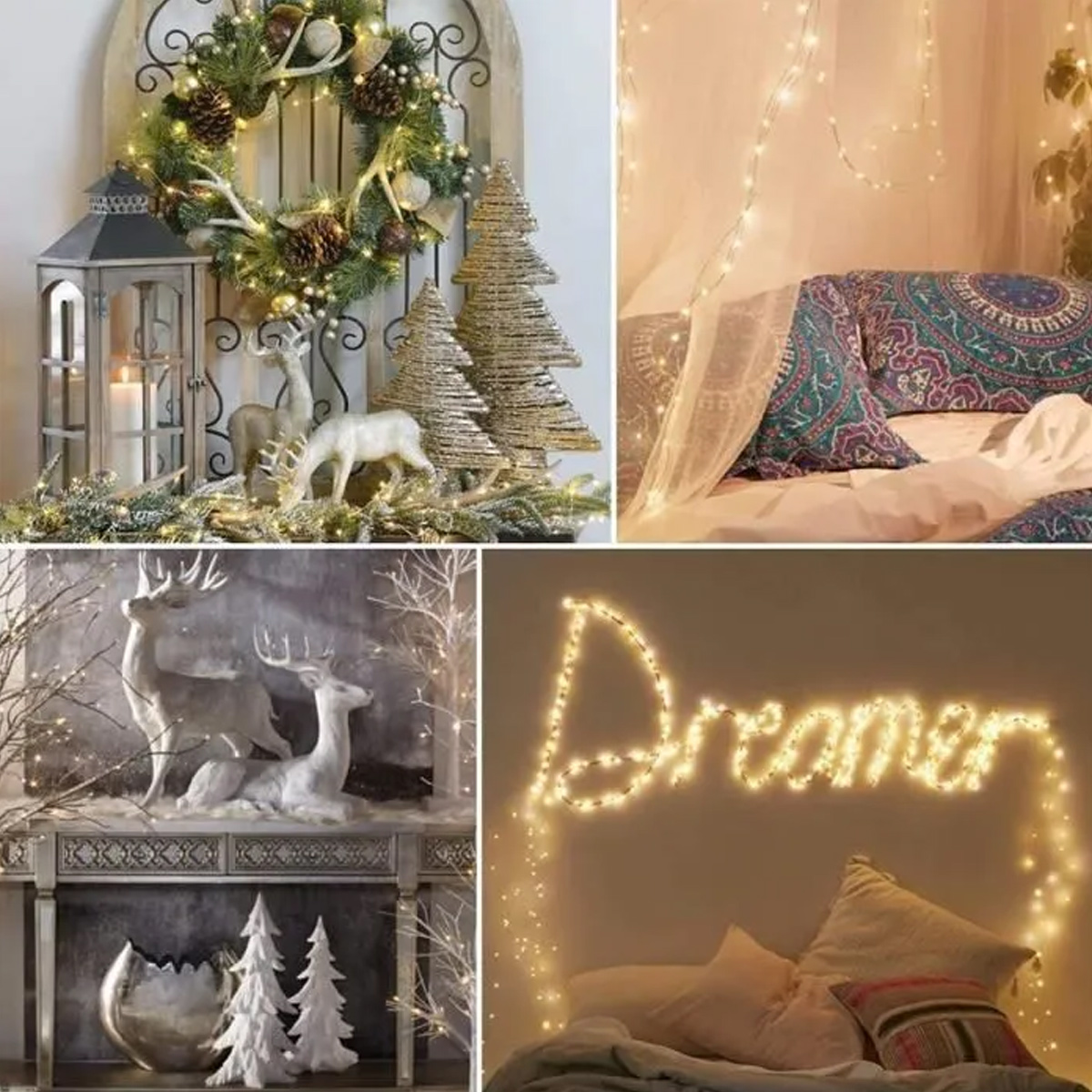 Vier festliche Szenen: Kranz, Bett, Hirsch-Deko und „Dreamer“-Lichter.
