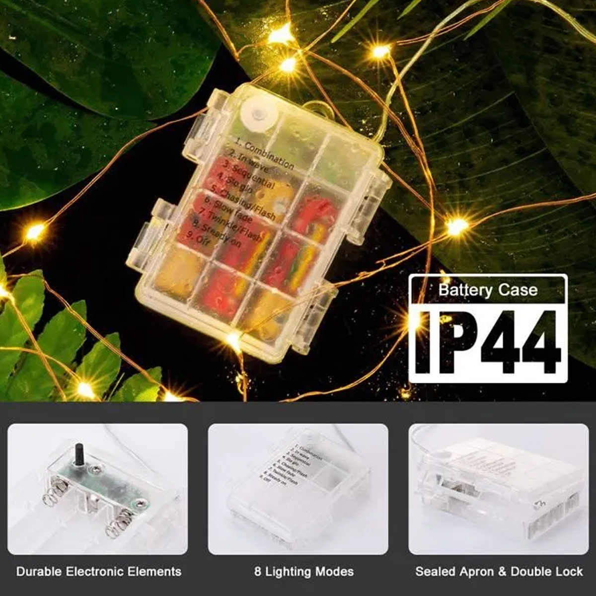 Batteriegehäuse mit Lichterkette, 8 Modi, IP44-Schutz.