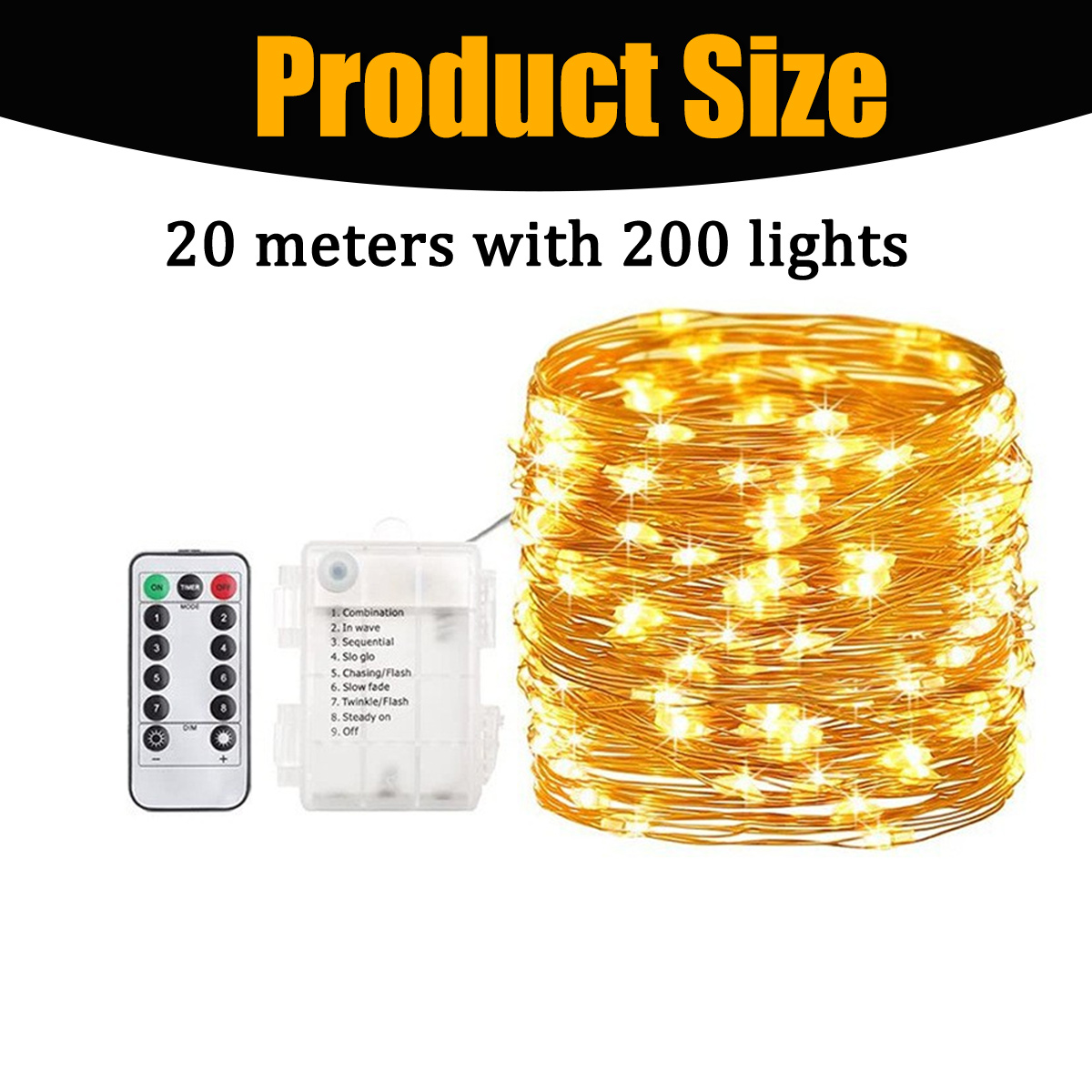 20m Lichterkette mit 200 LEDs, Fernbedienung und Batteriepack mit 9 Modi.