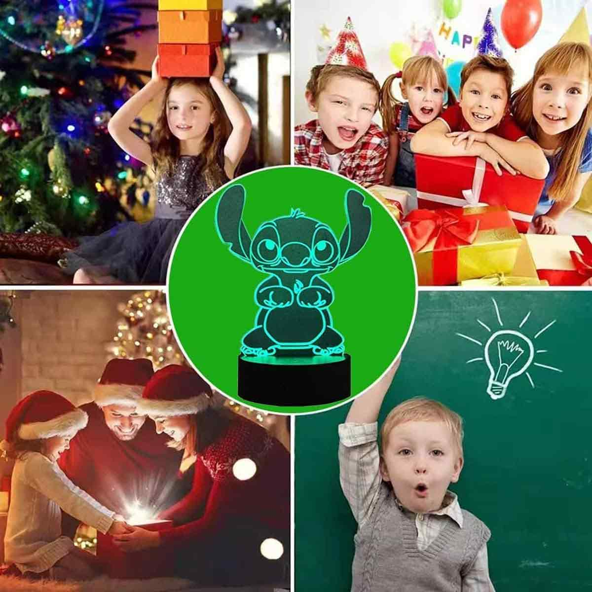 Collage: Mädchen mit Geschenken, Kindergeburtstag, Stitch-Lampe, Familie an Weihnachten, Junge mit Glühbirne.