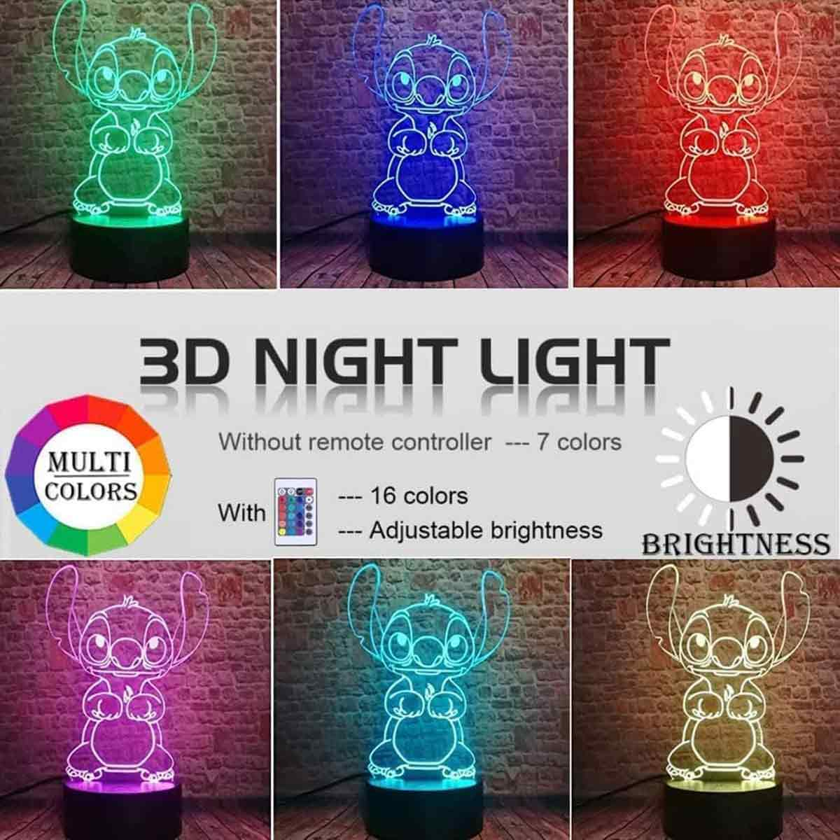 Ein 3D-Nachtlicht im Stitch-Design in verschiedenen Farben, mit und ohne Fernbedienung.