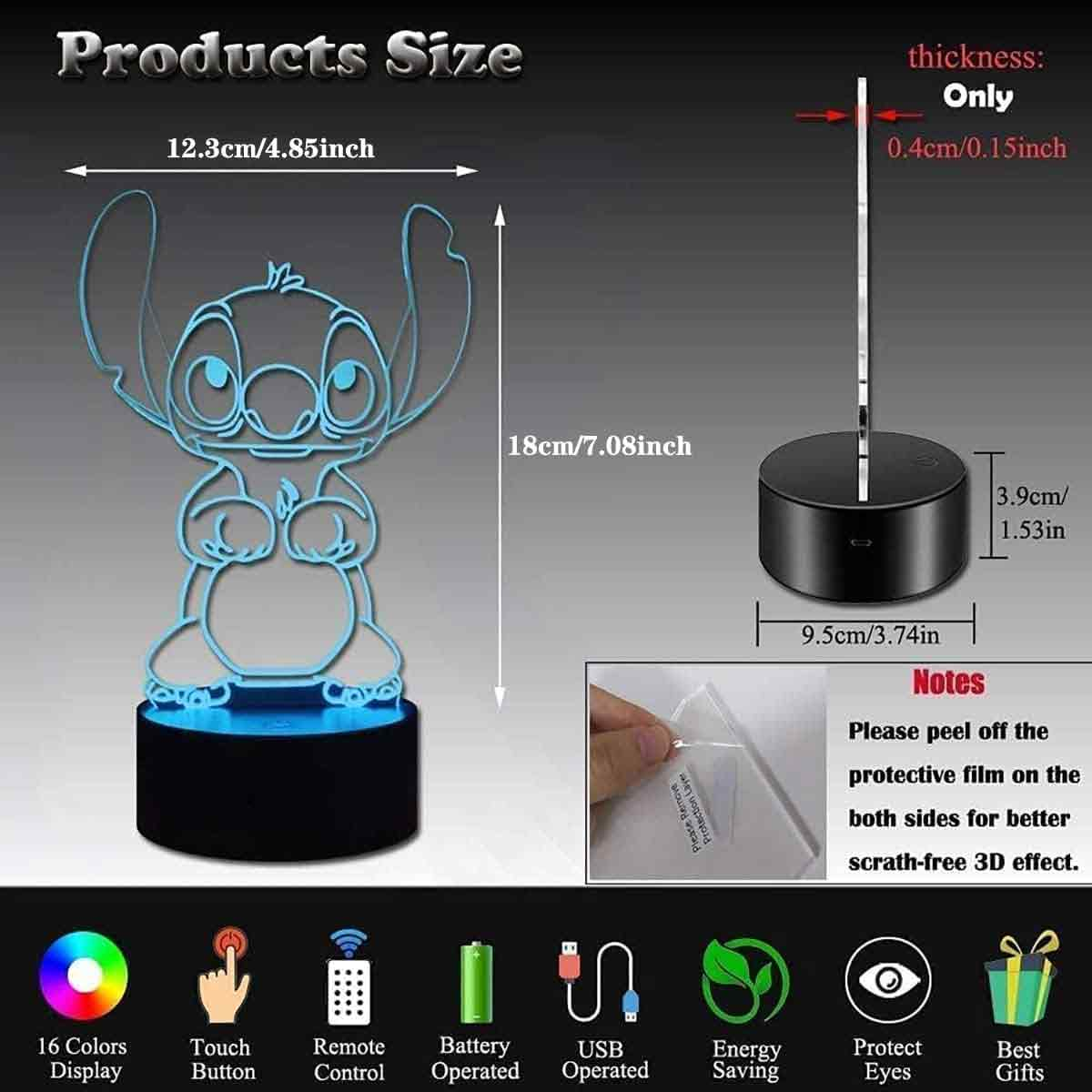 Eine 3D-Lampe im Stitch-Design mit Größenangaben und Funktionen.