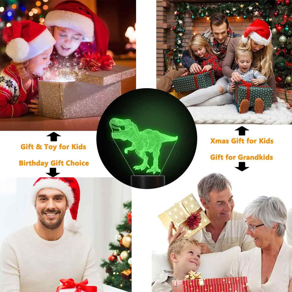 Vier Weihnachtsszenen: Kinder öffnen Geschenke, Familie mit Geschenken, Dinosaurierlampe, Familie mit Geschenken.