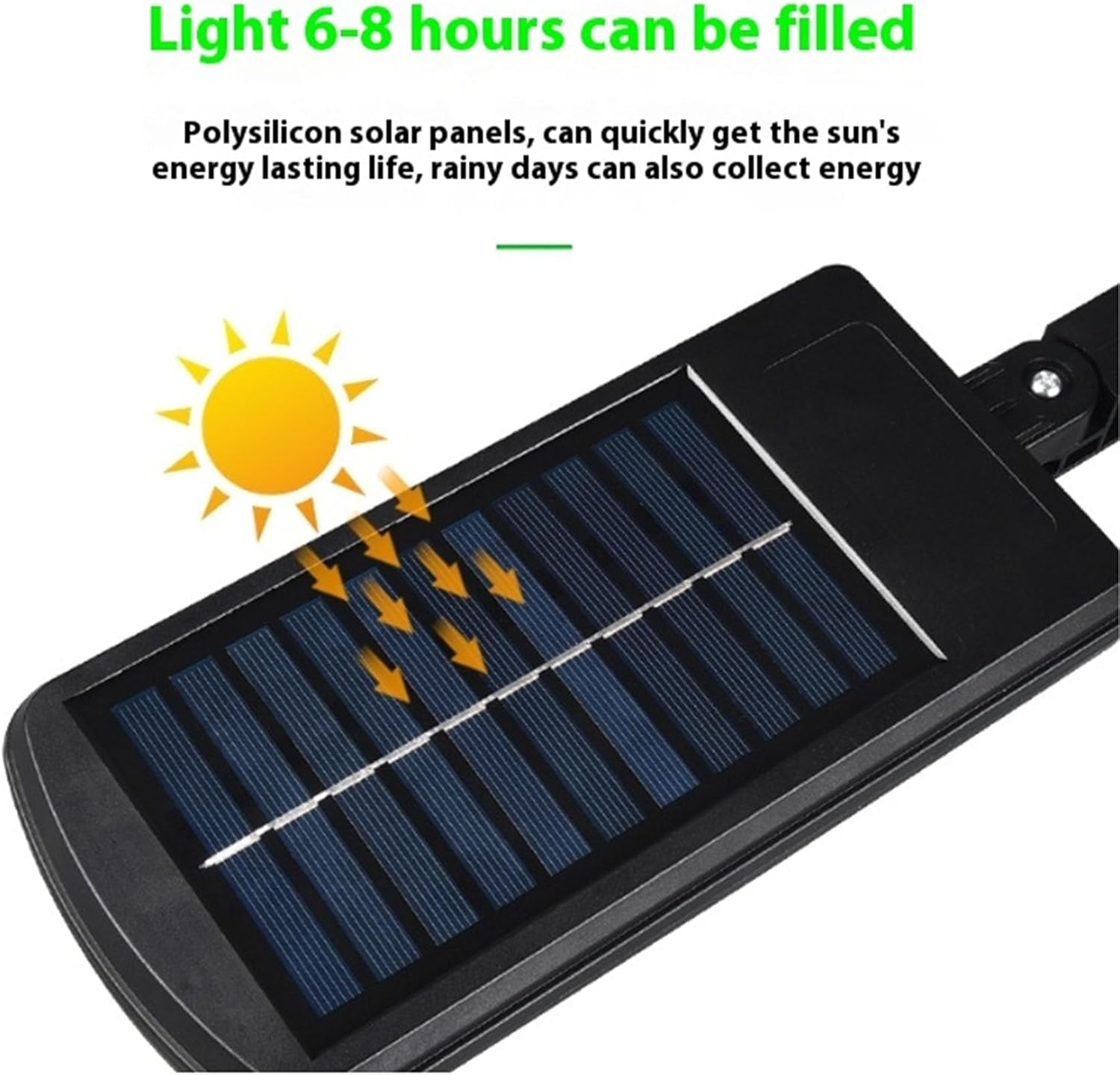 Solarpanel mit Sonne und Pfeilen, die Energieabsorption zeigen. Text: Licht 6-8 Stunden können gefüllt werden.