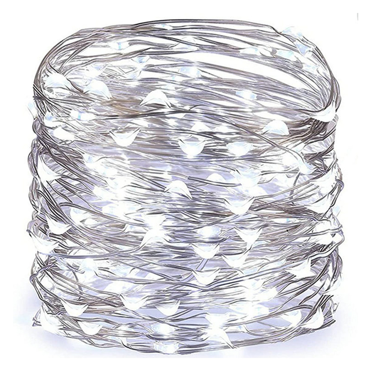 Ein aufgerollter Strang von feinen, silbernen Drähten mit vielen kleinen weißen LEDs.