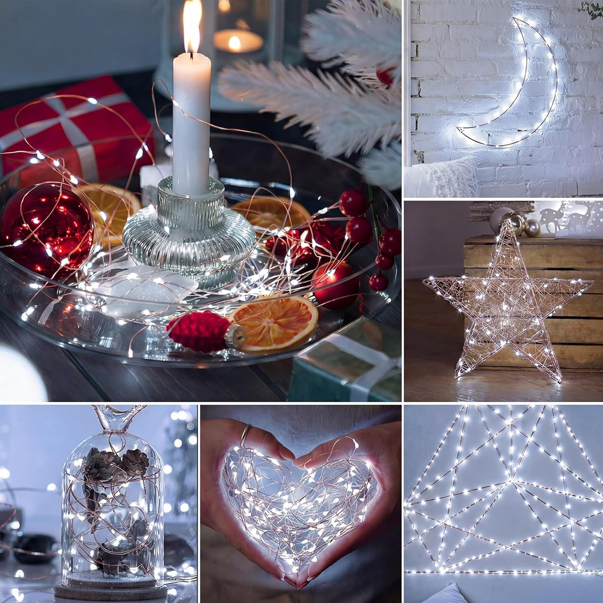 Collage mit Weihnachtsdeko: Lichterkette um Kerze, Mondlicht, Stern, Glocke, Herz und Lichtervorhang.