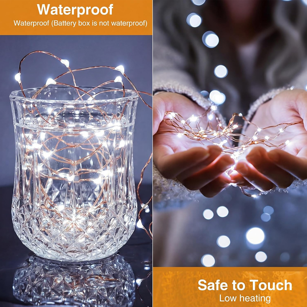 Wasserdichte Lichterkette in Glas und Händen. Berührungssicher.