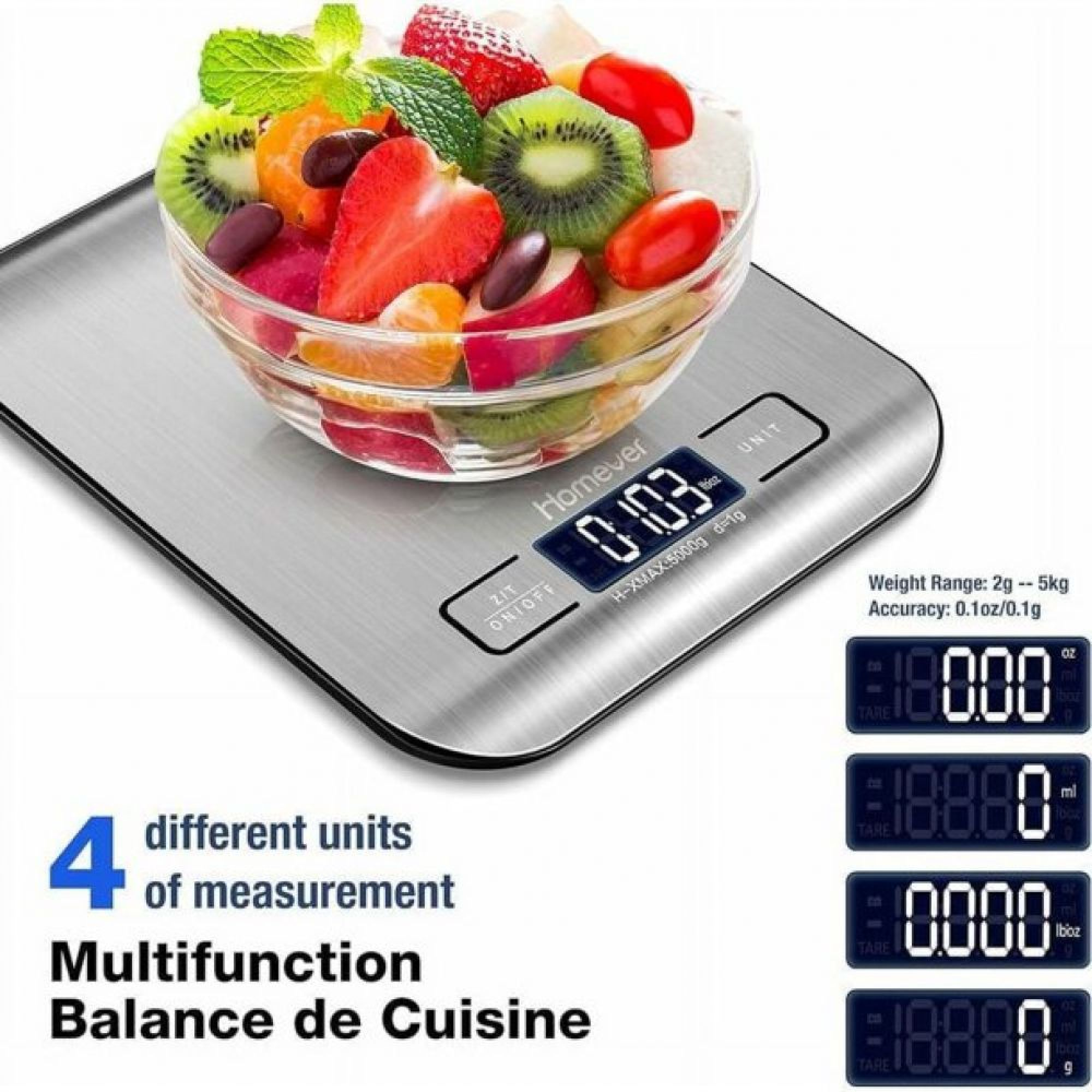Eine Digitalwaage zeigt 0,103 oz an, mit einer Schüssel Obstsalat darauf.