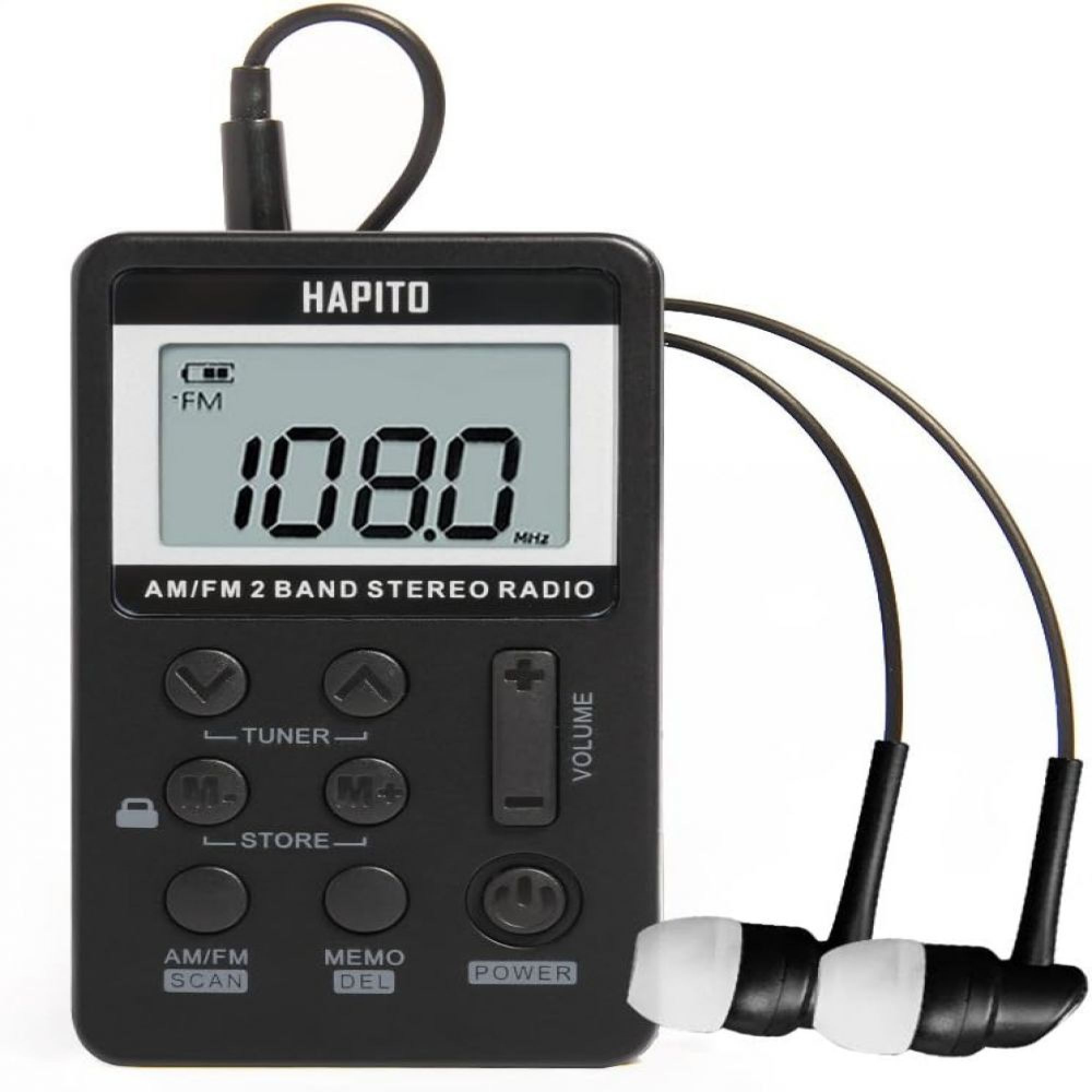 Ein schwarzes tragbares AM/FM-Stereoradio mit Kopfhörern und einem digitalen Display.
