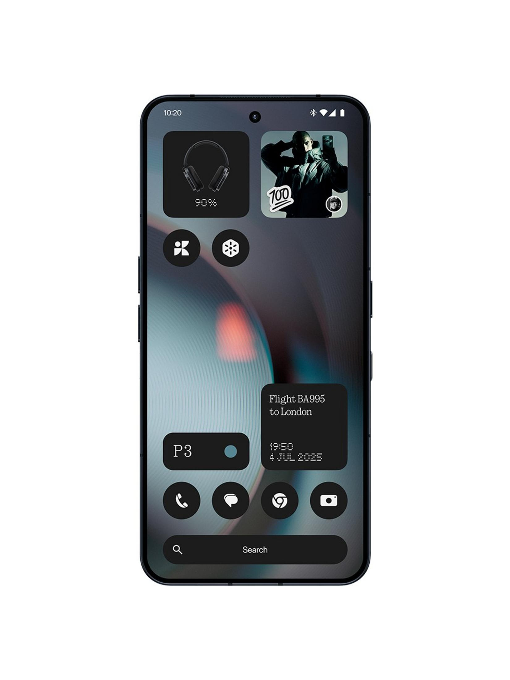 Schermata home di smartphone con cuffie, informazioni di volo e icone.