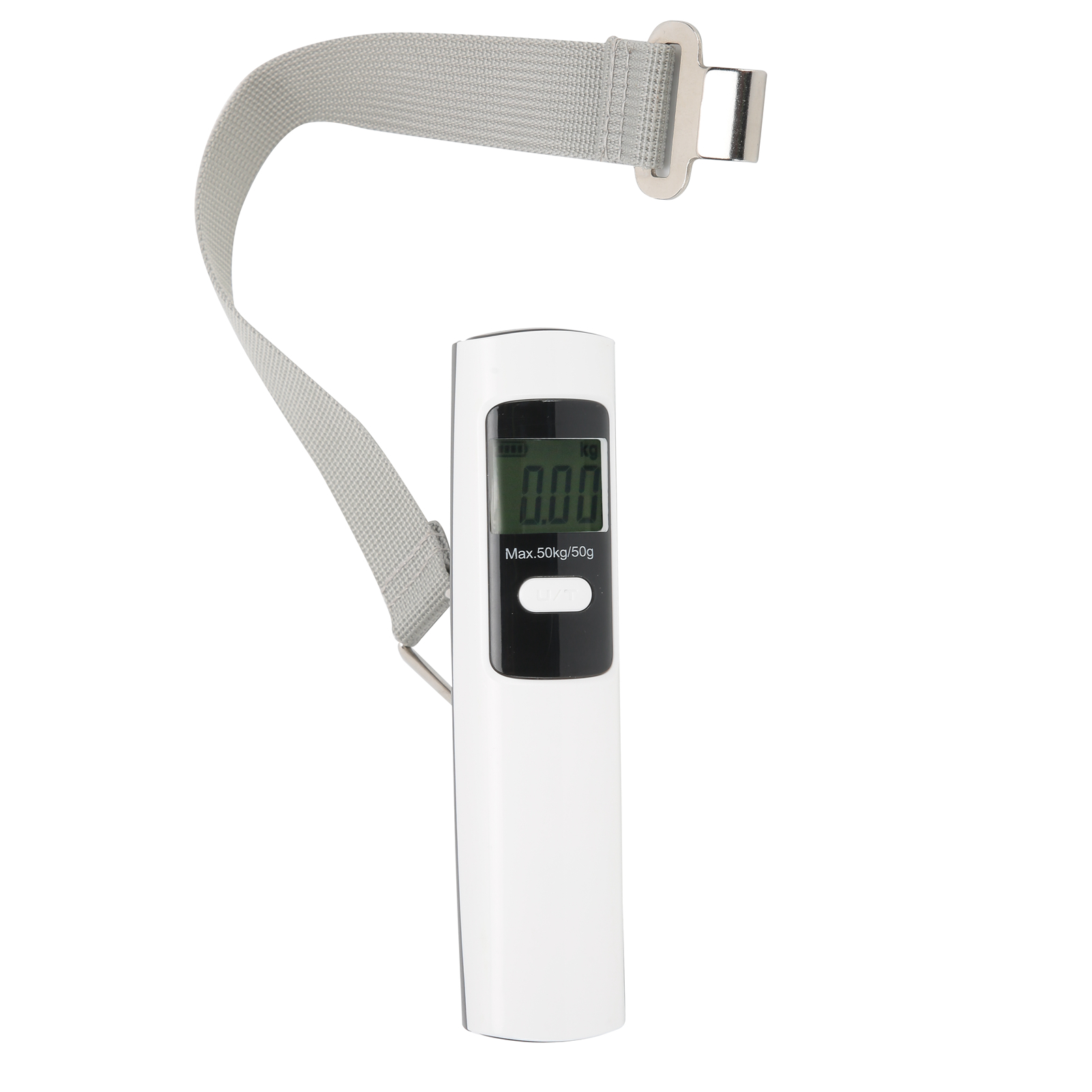 Ein weißer Gepäckwaage mit grauem Gurt und LCD-Display zeigt 0,00 an.