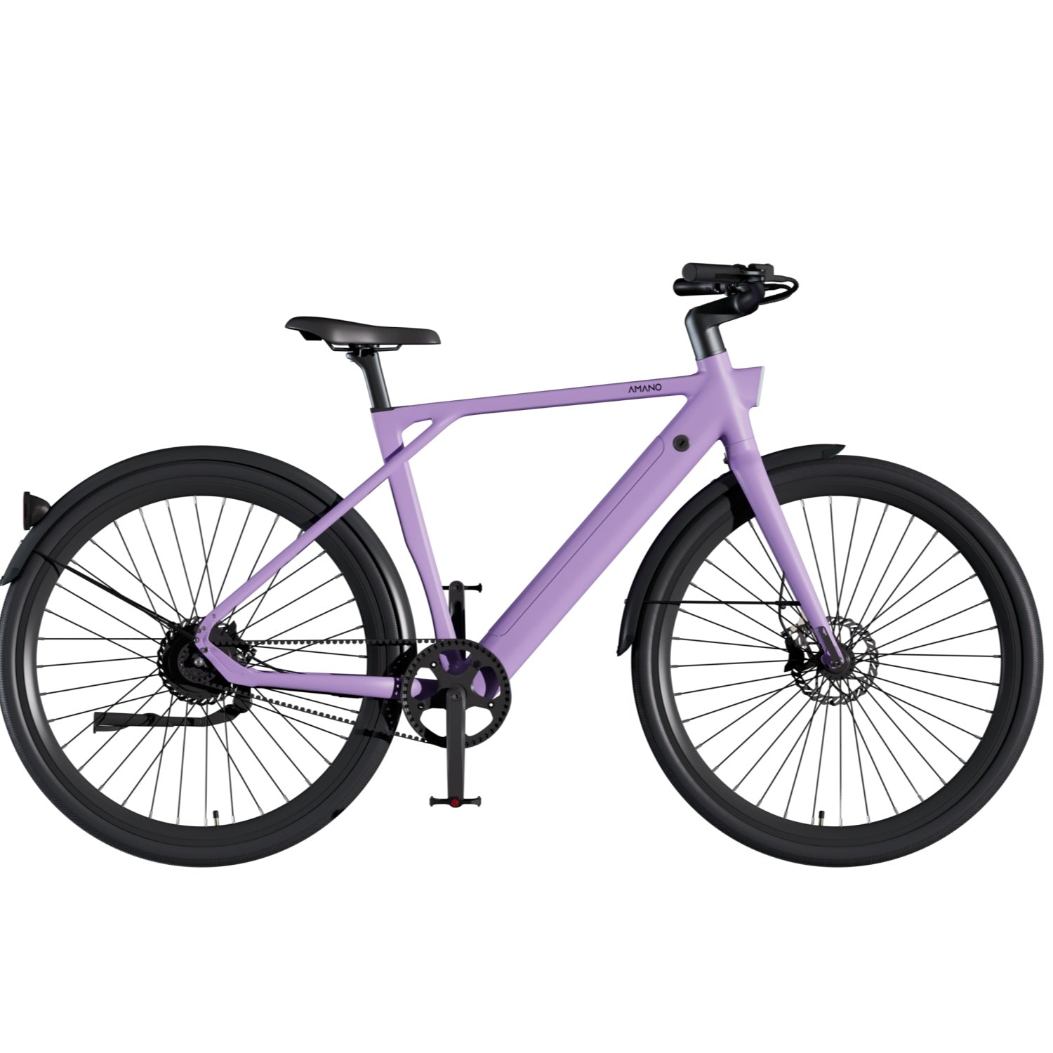 Una bicicleta morada de mujer con llantas y guardabarros negros, sobre fondo blanco.