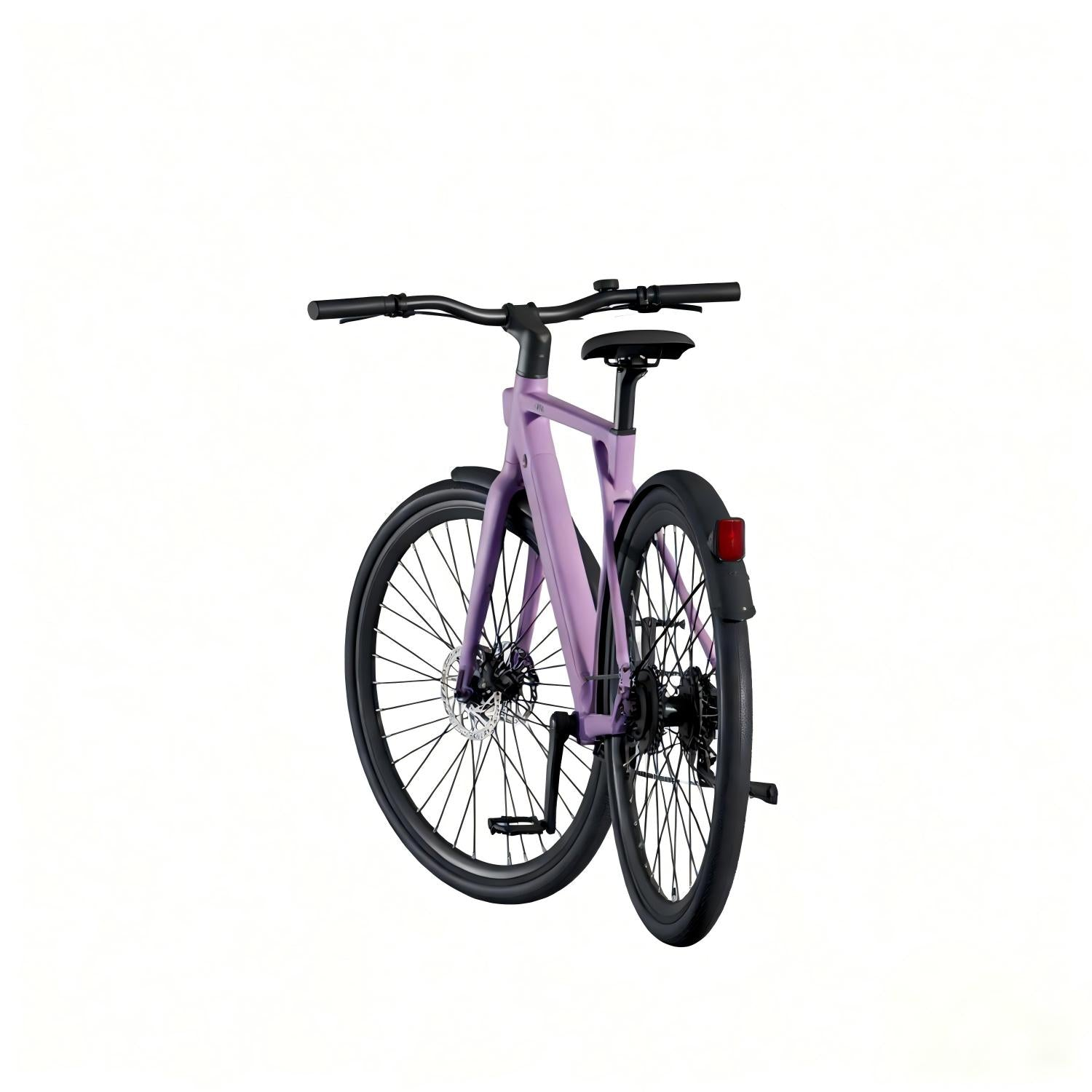 Una bicicleta morada con ruedas, manillar y sillín negros.