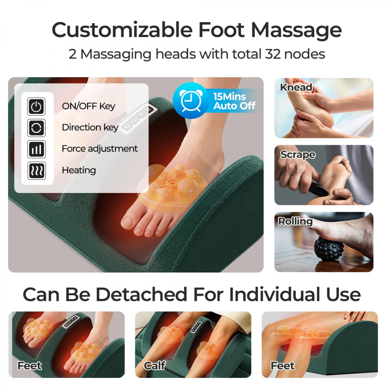 Fußmassagegerät mit Funktionen: Ein/Aus, Richtung, Kraft, Heizung, 15 Min. Timer. Separate Nutzung.