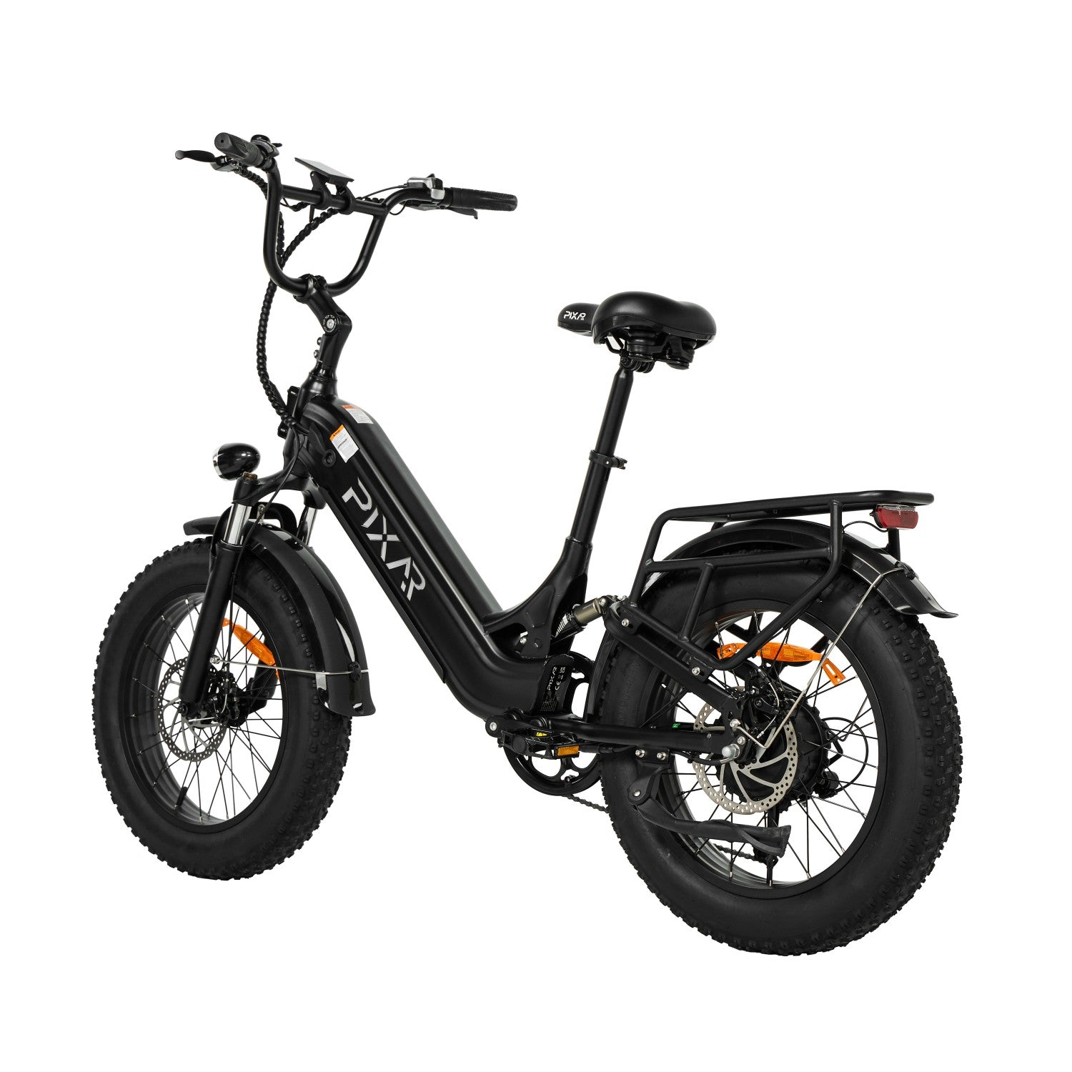 Bicicletta elettrica nera con pneumatici larghi, portapacchi e faro anteriore.