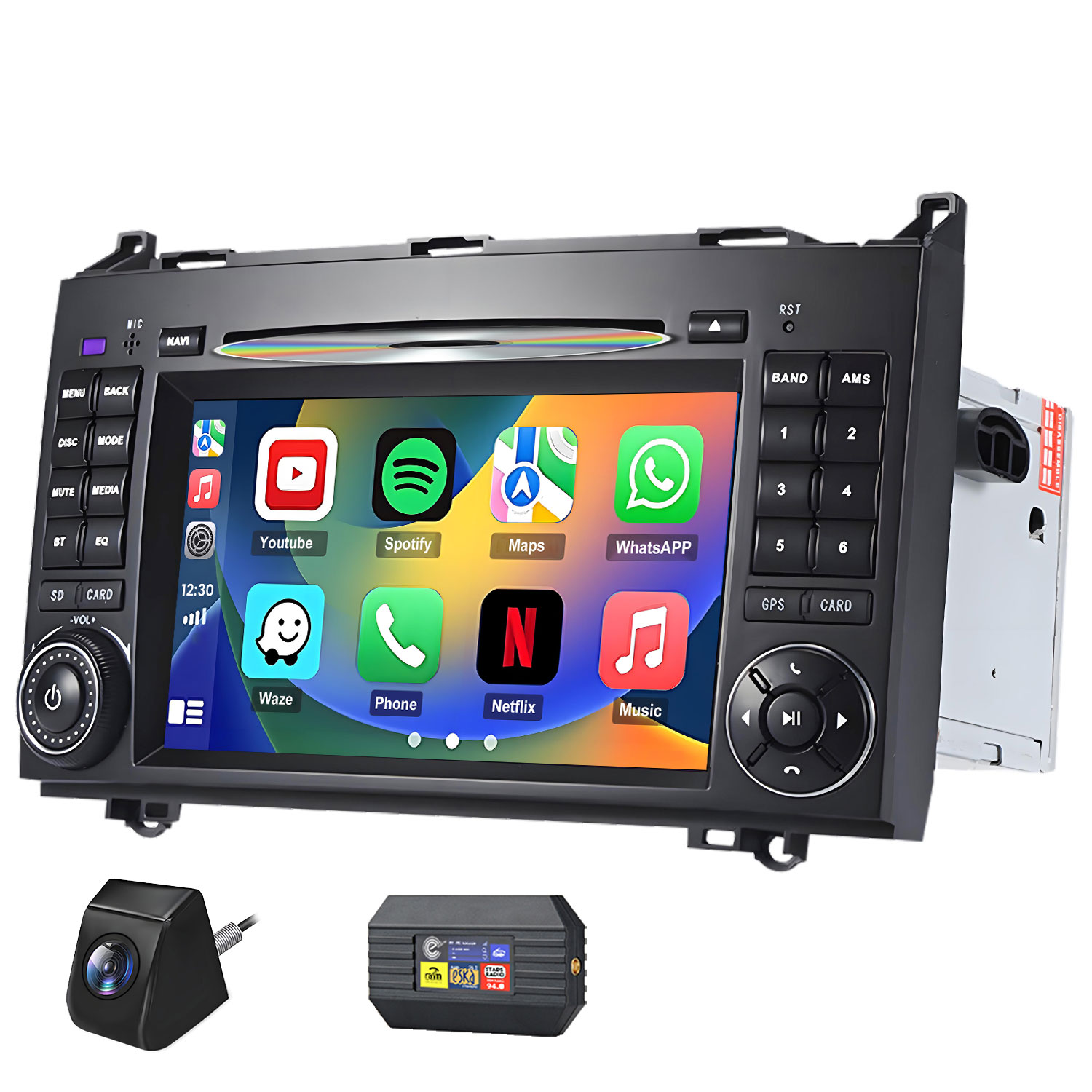 Ein Autoradio-Infotainmentsystem mit Touchscreen, Tasten, einem Ziffernblock und Apps.