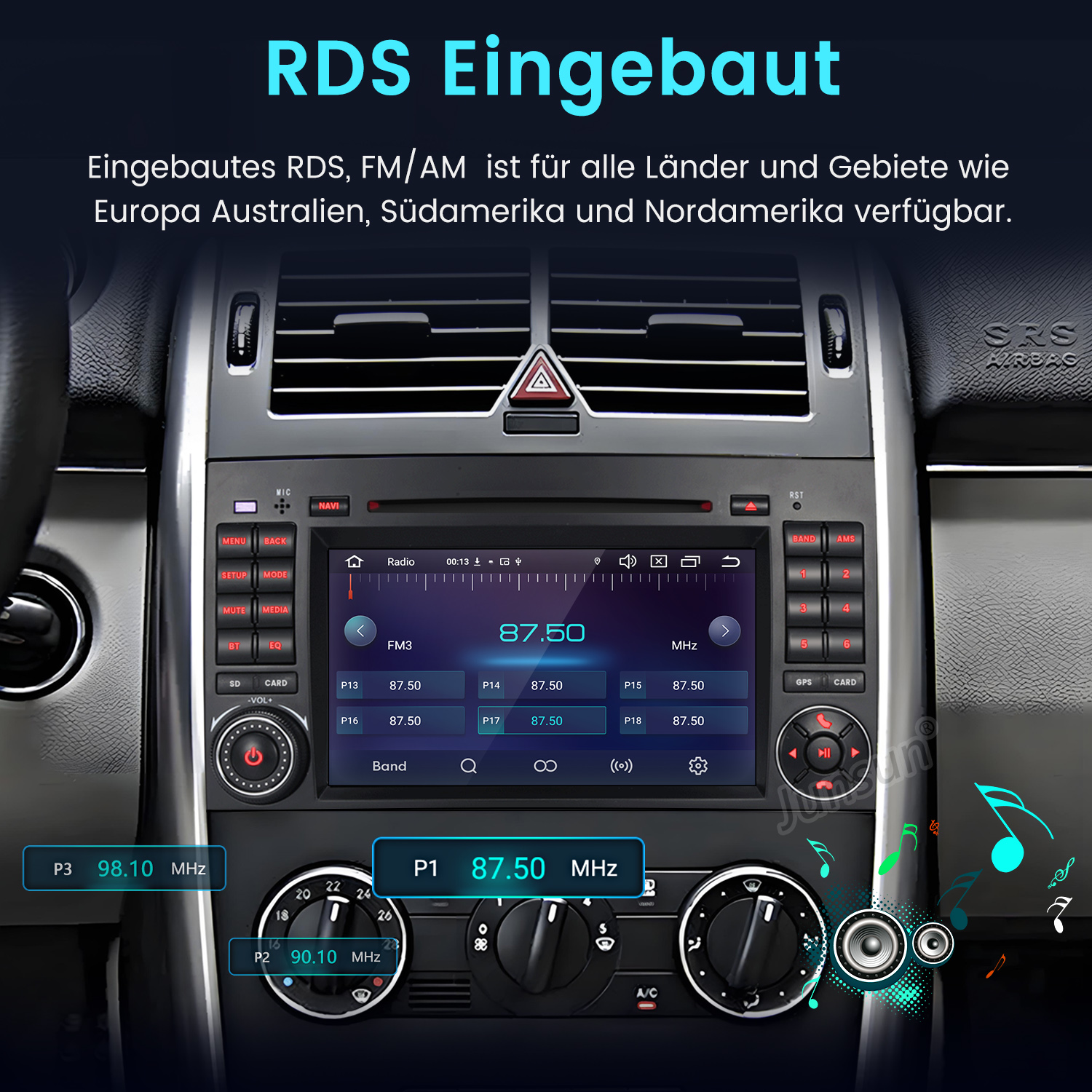 Ein Autoradio-Bildschirm zeigt FM3 mit 87.50 MHz, Sender und Bedienelemente.
