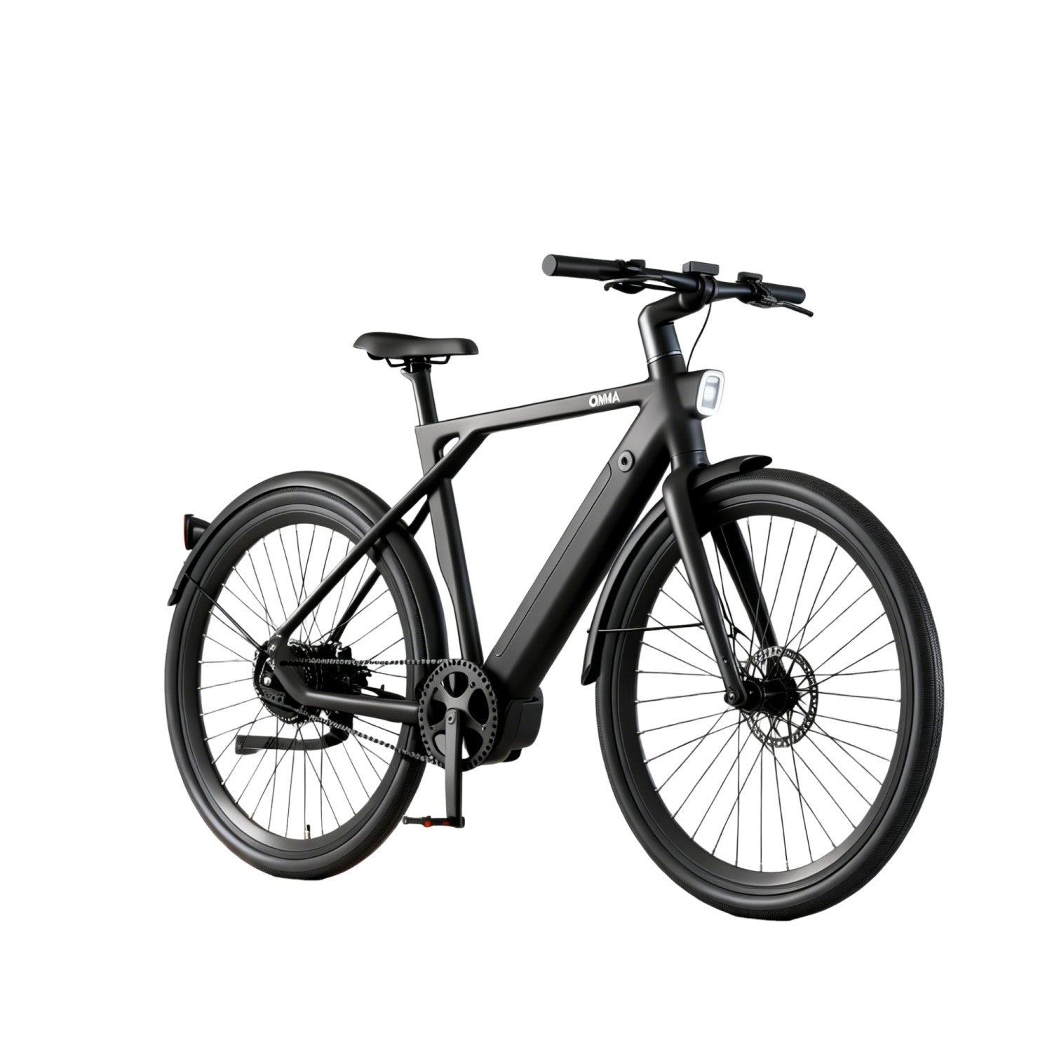 Una bicicleta negra de hombre con neumáticos anchos, luz integrada y guardabarros.