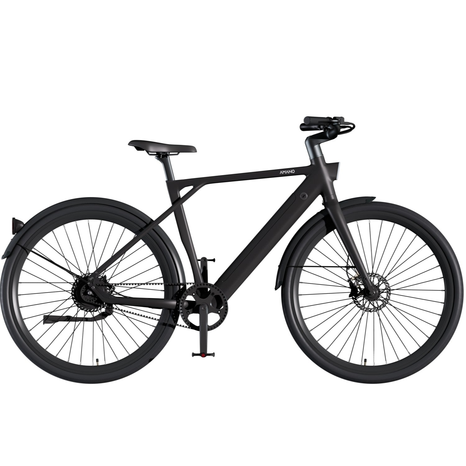 Una bicicleta eléctrica AMANO negra con suspensión total y frenos de disco.