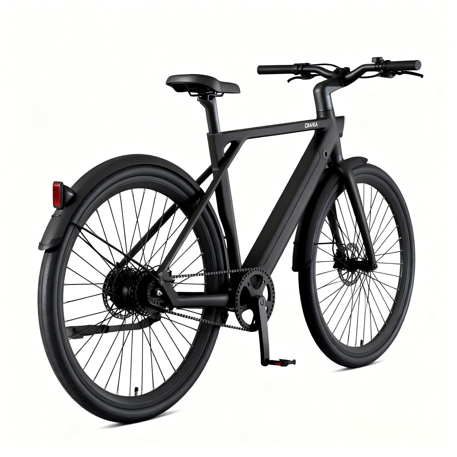 Bicicleta eléctrica negra con cuadro limpio y frenos de disco.