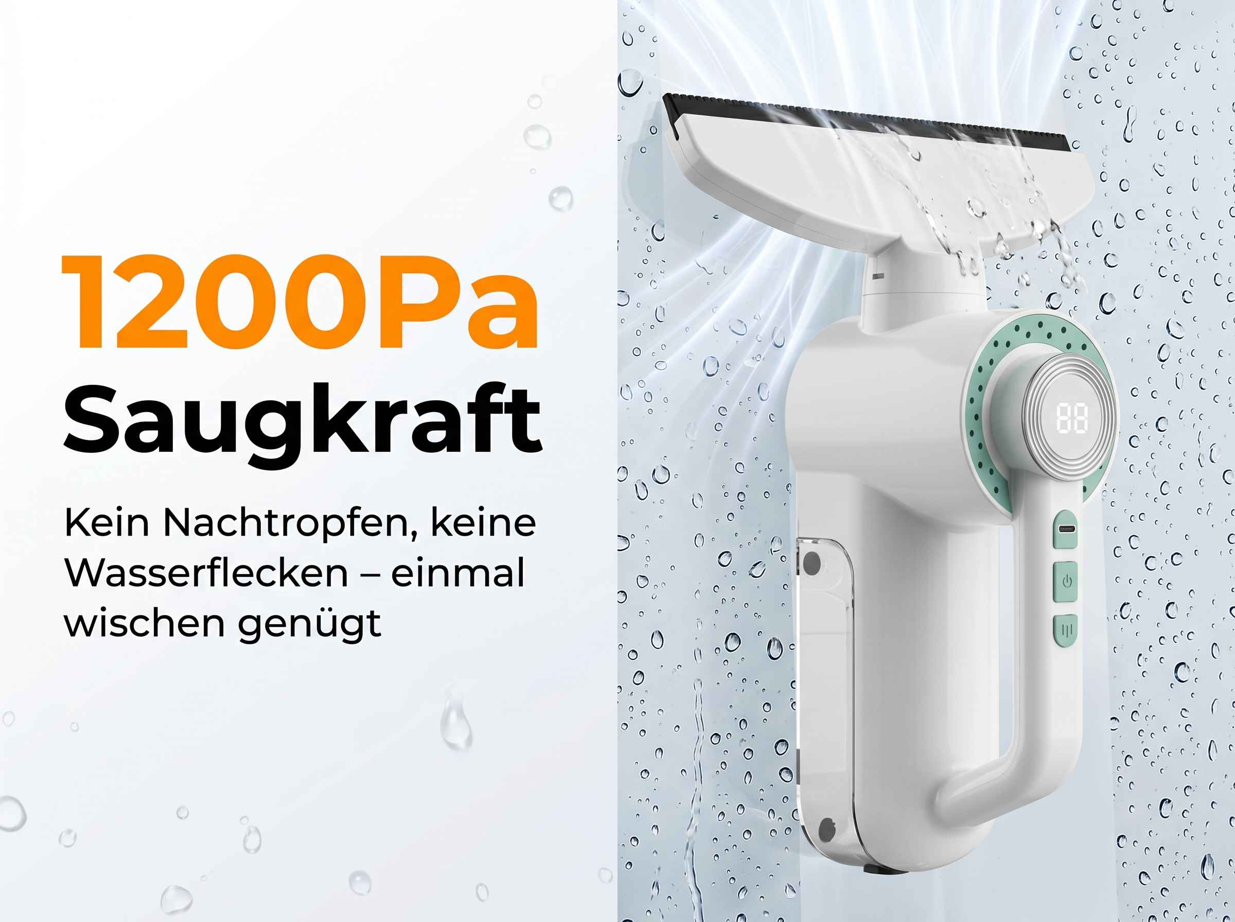 Ein weißer Fensterreiniger mit digitaler Anzeige saugt Wasser von einer Oberfläche.