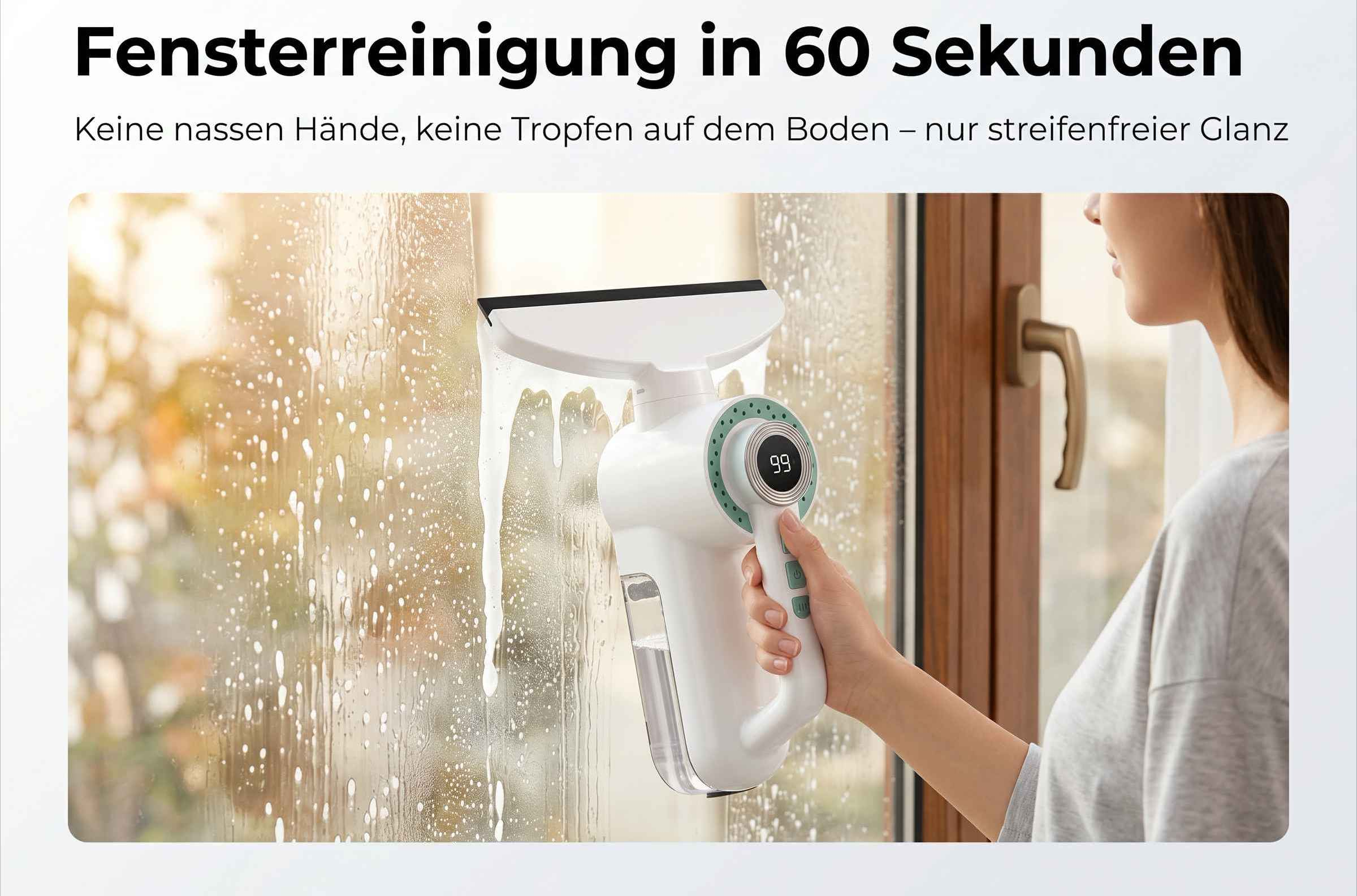 Eine Person reinigt ein Fenster mit einem weißen Reinigungsgerät. Draußen ist es hell.