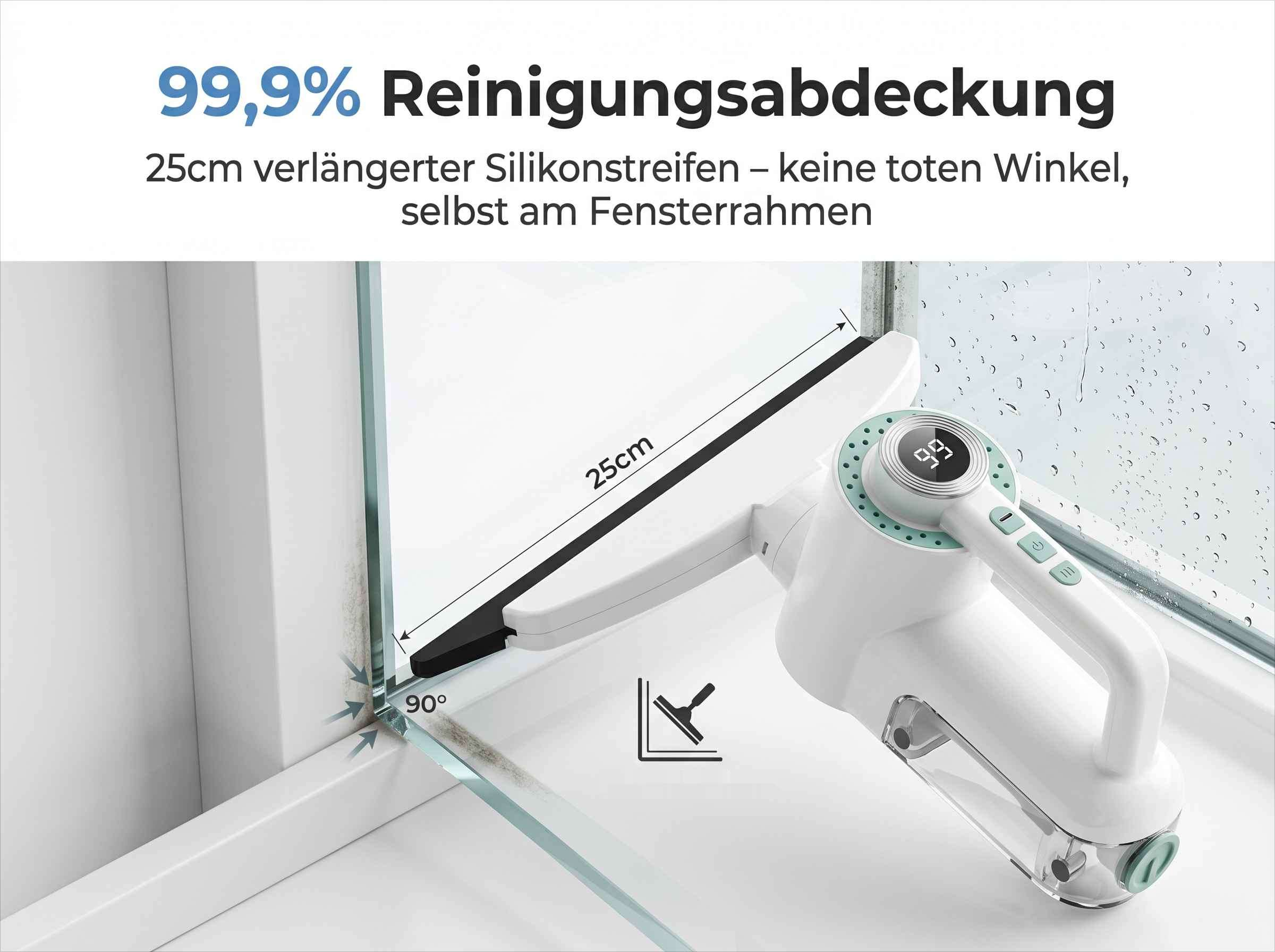 Ein weißer Fensterabzieher mit 25cm Silikonlippe reinigt eine Duschkabine.