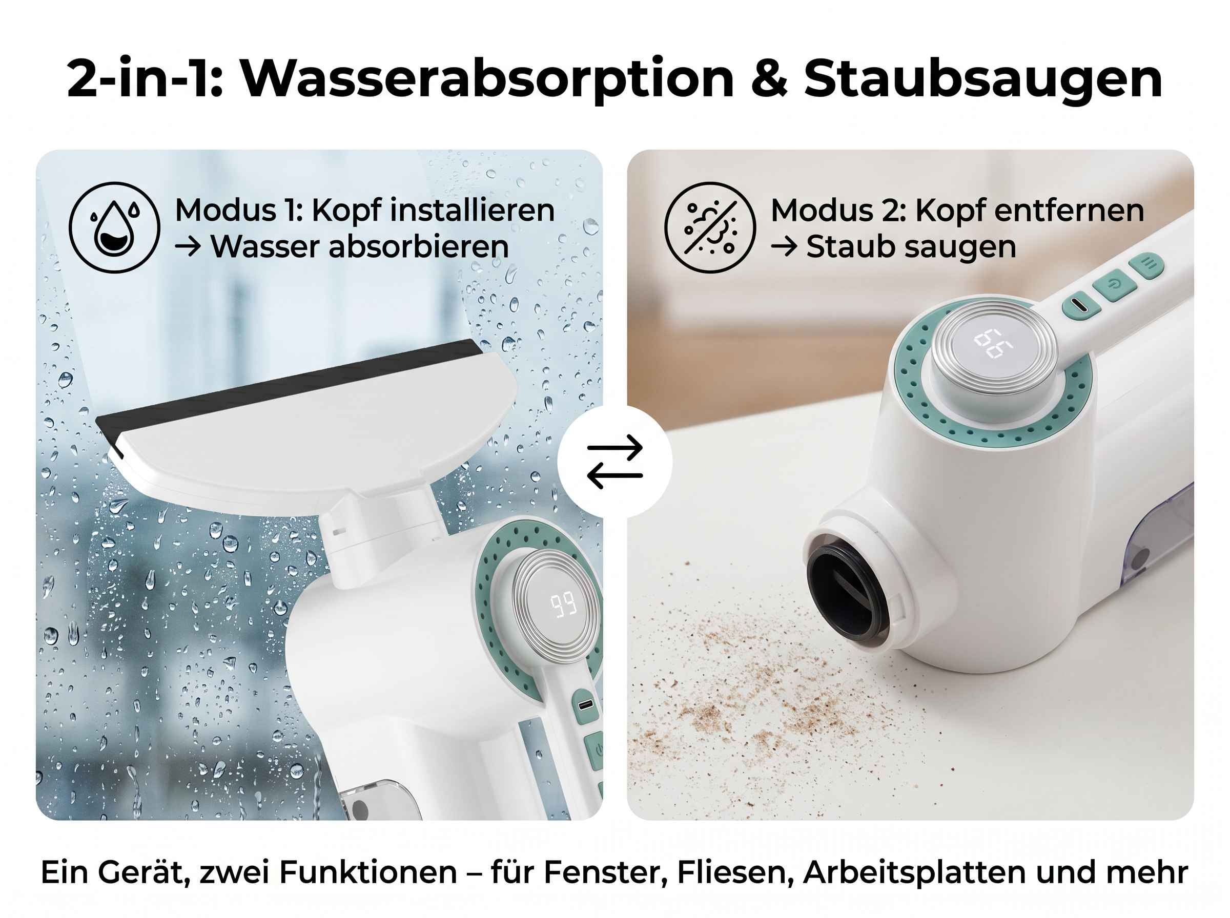 Zwei Modi: Wasserabsaugung mit Aufsatz und Staubabsaugung ohne Aufsatz.