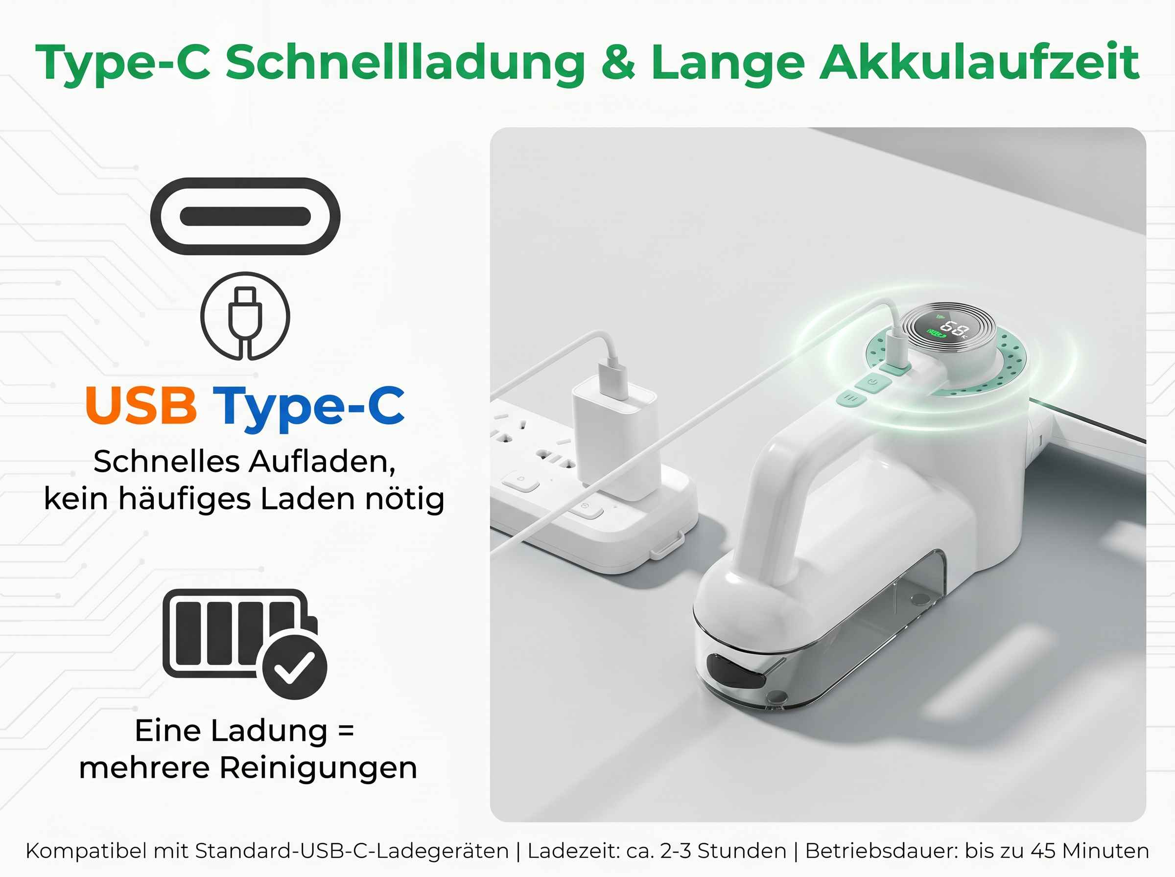 Ein weißes Gerät wird über USB-C geladen. Text erwähnt schnelle Ladung.