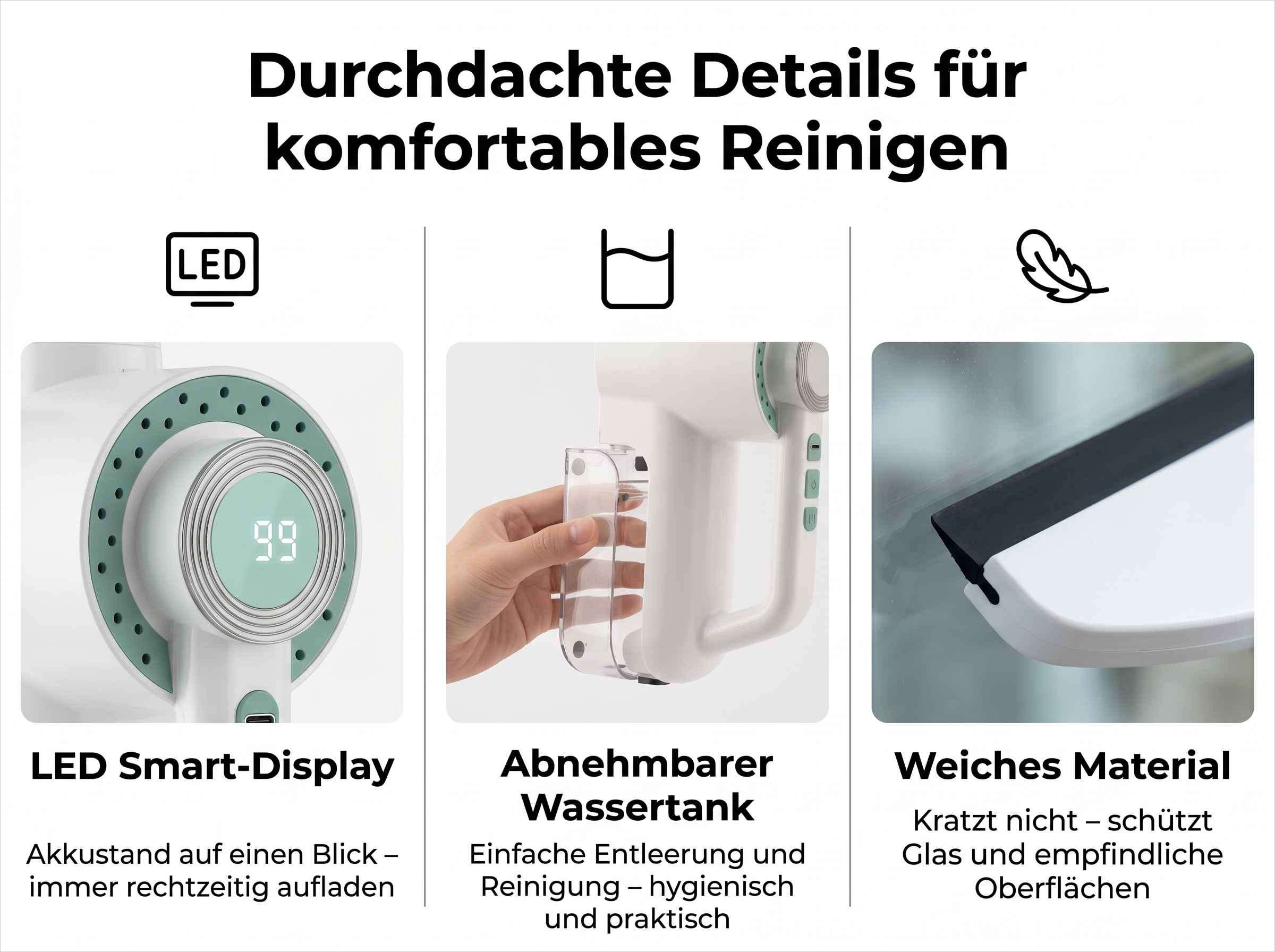 Ein Gerät mit LED-Display, abnehmbarem Wassertank und weichem Material.