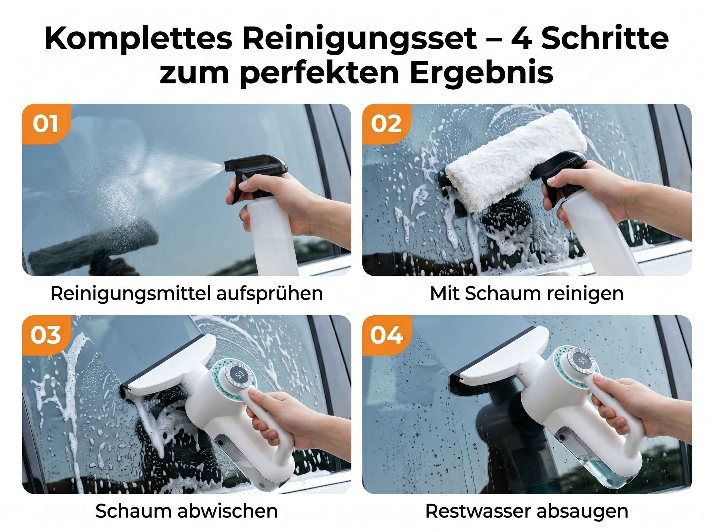 Vier Schritte zur Fensterreinigung: Sprühen, Schäumen, Abwischen, Absaugen.