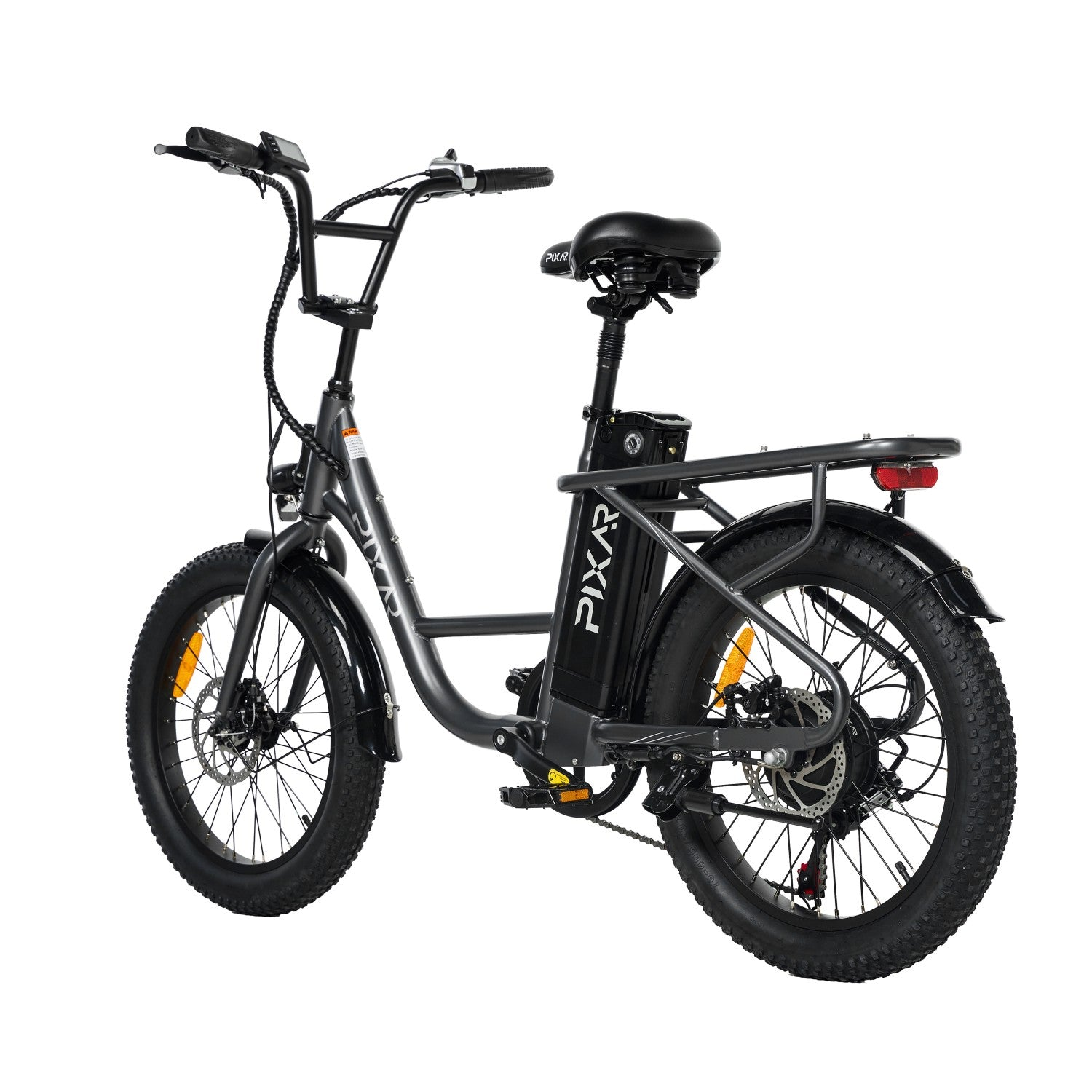 Bicicleta eléctrica Pixr gris con neumáticos anchos, portaequipajes y luz trasera.