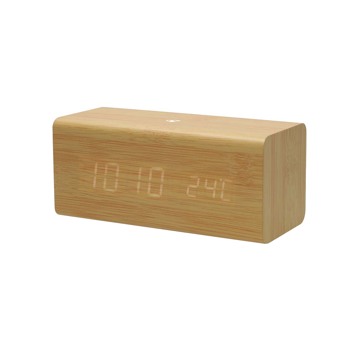 Holzwecker mit digitaler Anzeige 10:10 und 24°C.