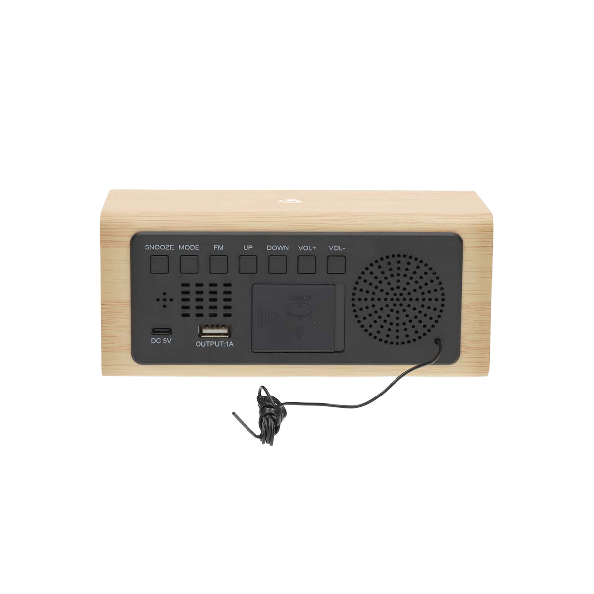 Holz-Wecker mit Digitalanzeige, USB-Anschluss, Lautsprecher und Tasten.
