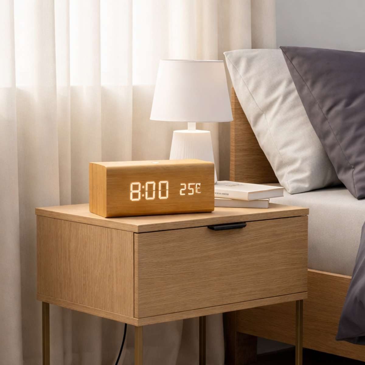 Holz-Nachttisch mit Digitaluhr, zeigt 8:00 und 25C. Lampe und Bett im Hintergrund.