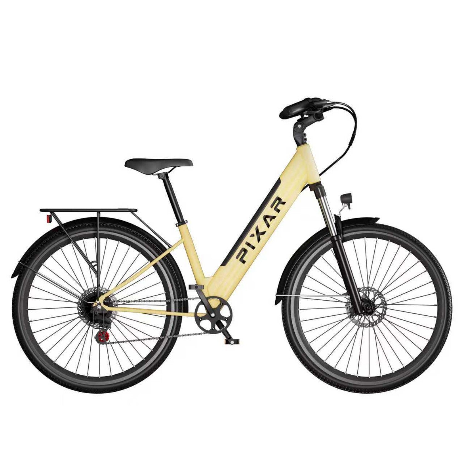 Una bicicleta amarilla con portaequipajes y neumáticos negros, sobre fondo blanco.