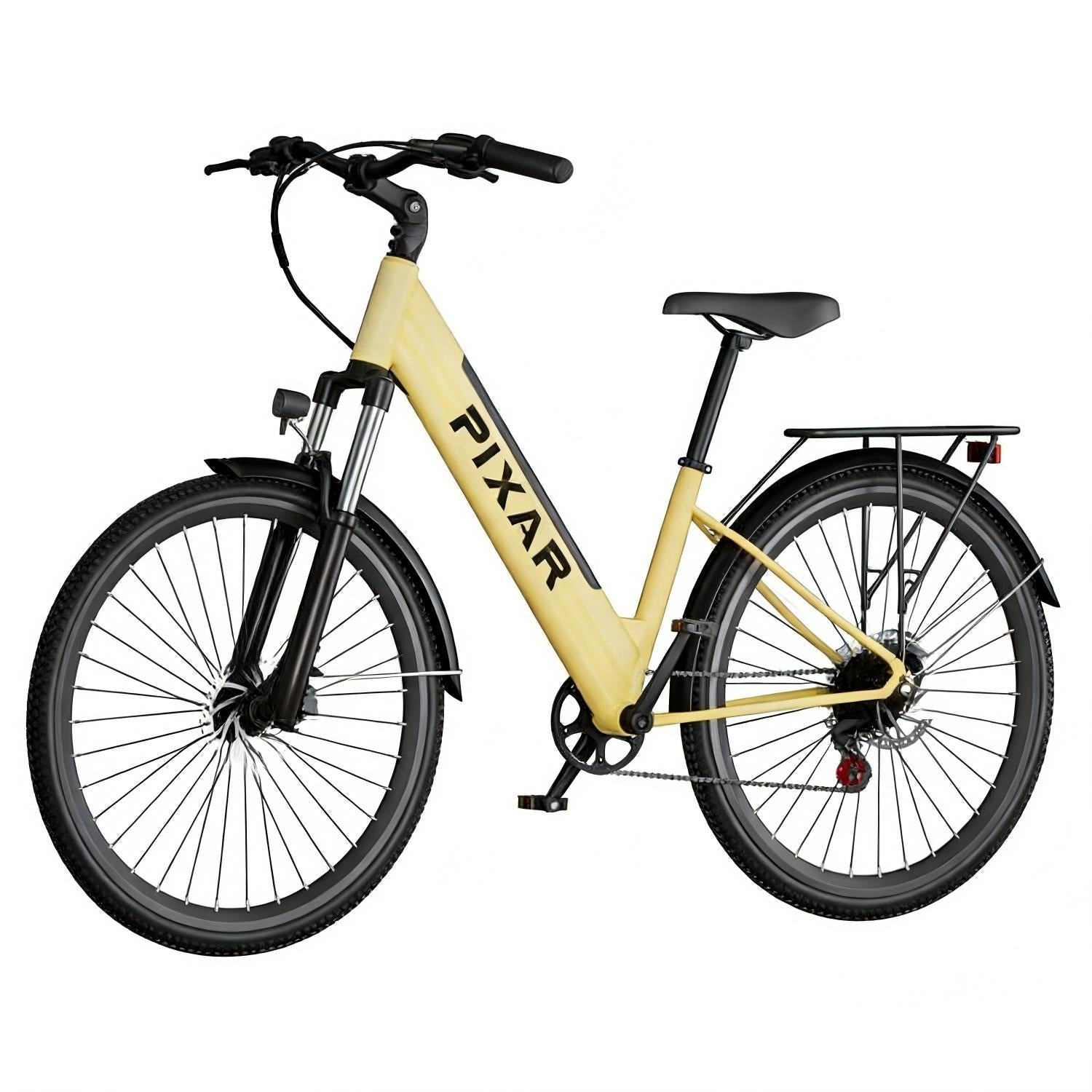 Una bicicleta amarilla con neumáticos negros, portabultos y el logo PIXAR.