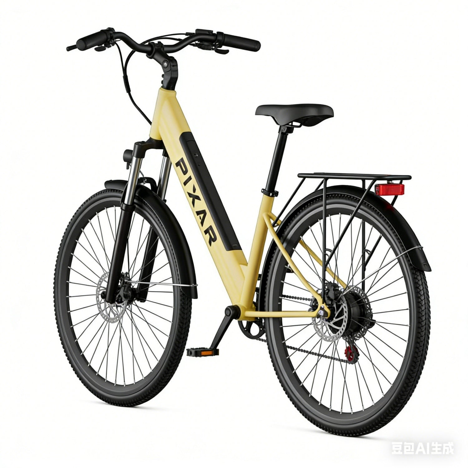 Una bicicleta amarilla con manillar, sillín y portabultos negros.