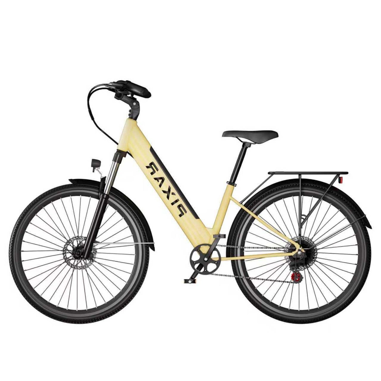 Una bicicleta amarilla con asiento y portaequipajes negros, fondo blanco.