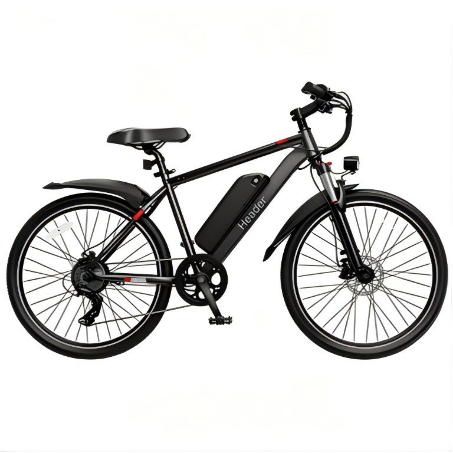 Bicicleta eléctrica negra con cuadro, batería y guardabarros negros.