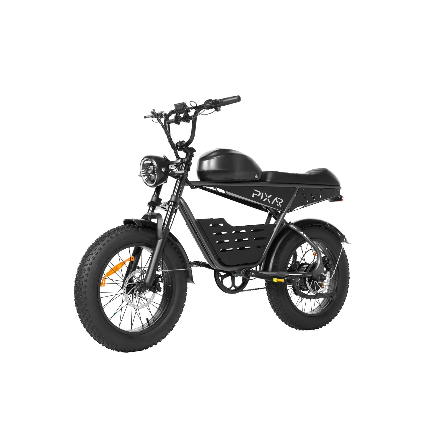 Bicicleta eléctrica negra con neumáticos gruesos, faro redondo y logo PIXXR.