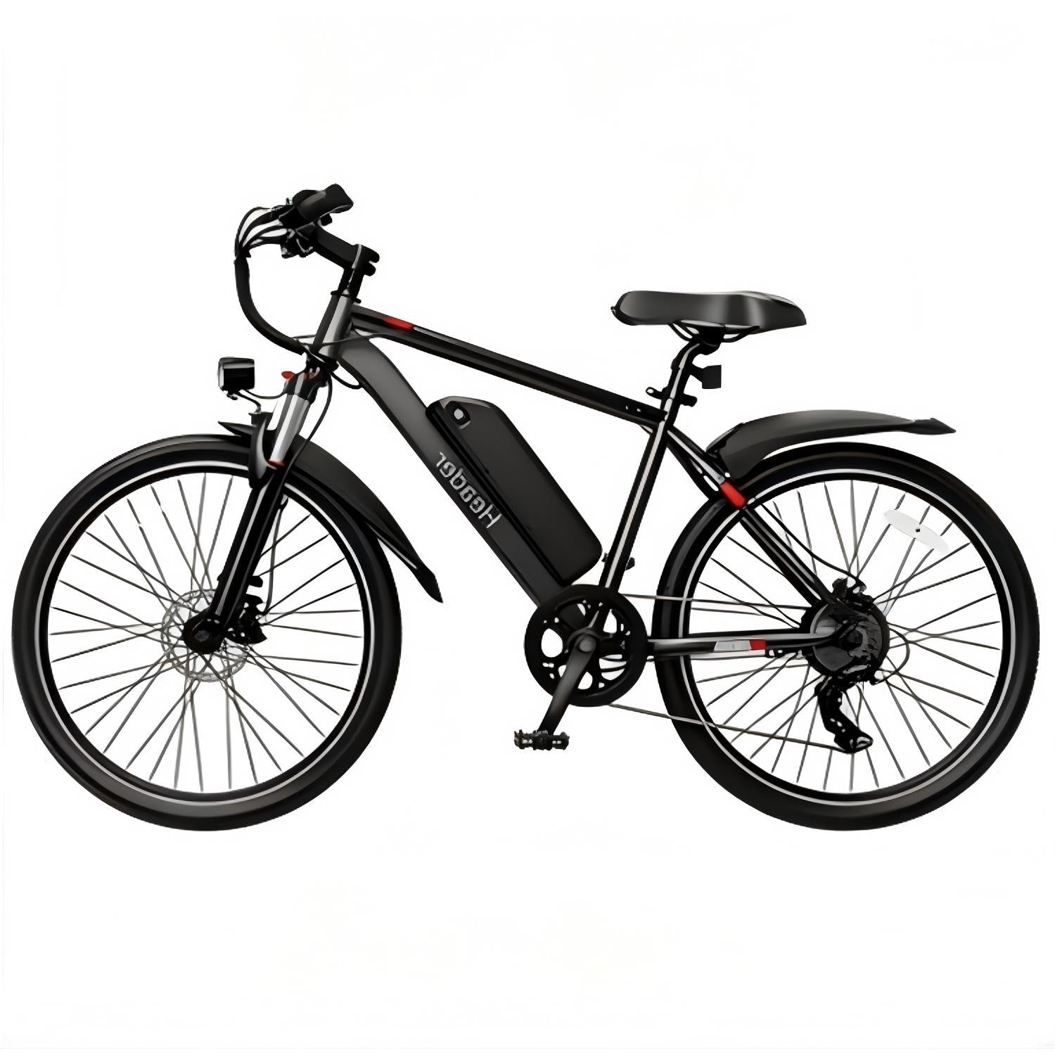 Una bicicleta eléctrica negra con batería sobre fondo blanco.