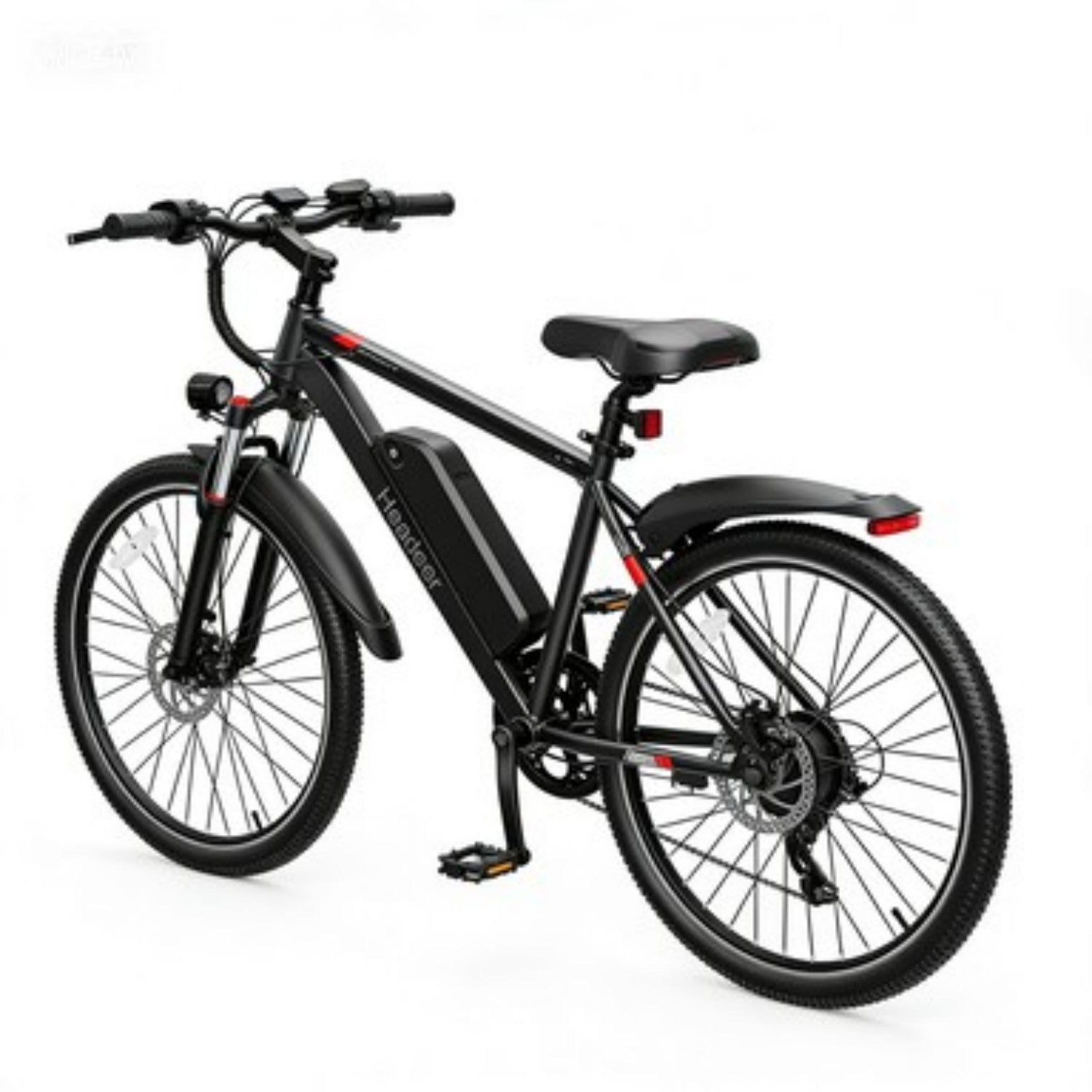 Una bicicleta eléctrica negra con horquilla de suspensión, neumáticos anchos y batería.