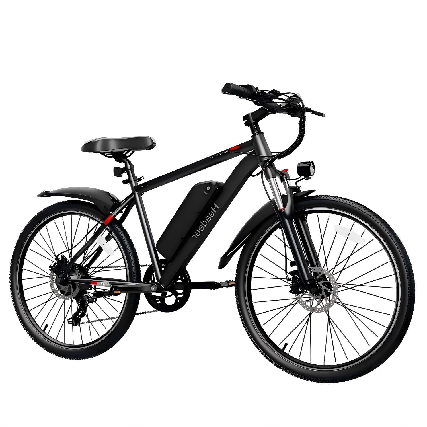 Una bicicleta eléctrica negra con paquete de baterías, guardabarros y faro.