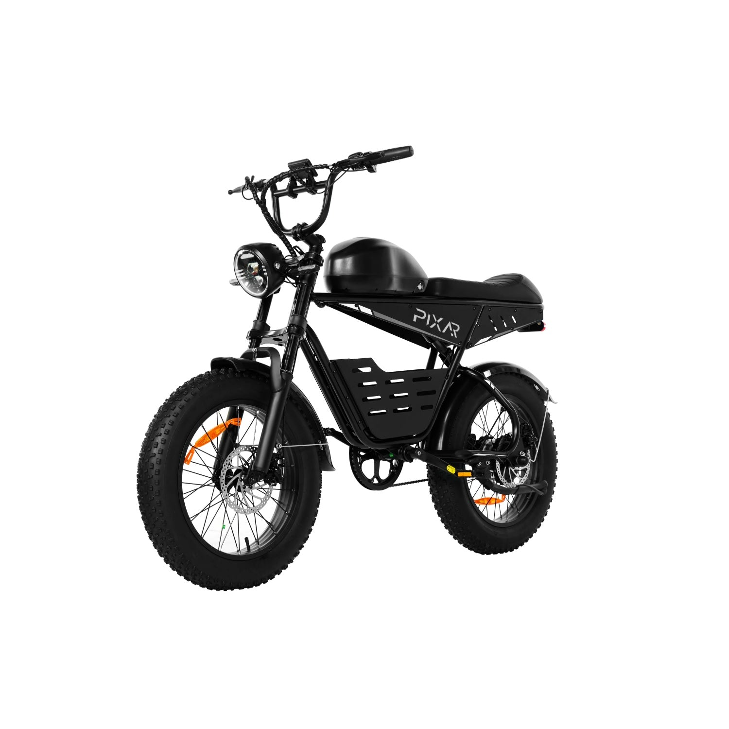 Bicicleta eléctrica negra con neumáticos anchos, faro redondo y asiento para dos.