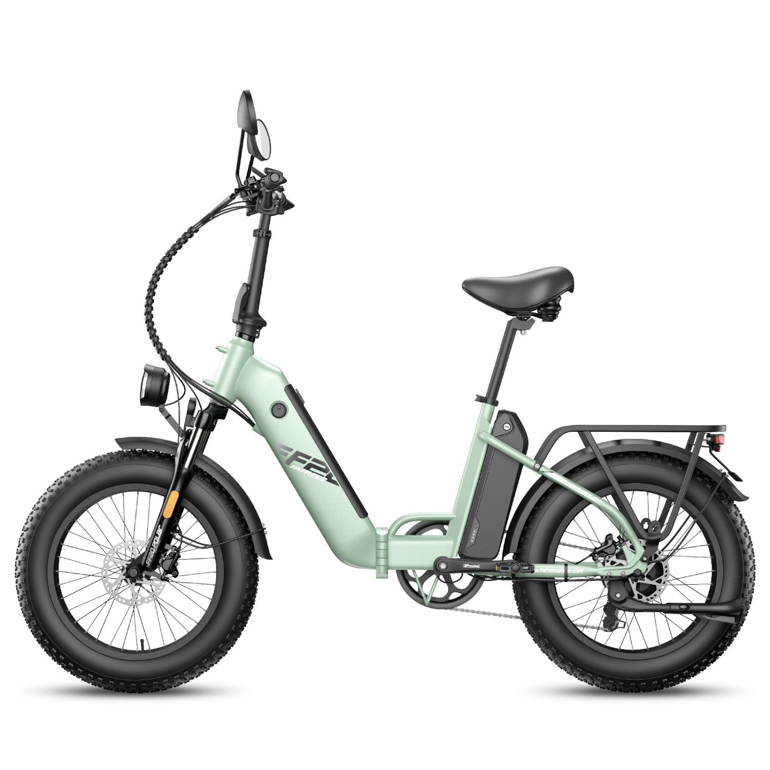 Eine mintgrüne faltbare E-Bike mit dicken Reifen und Gepäckträger.