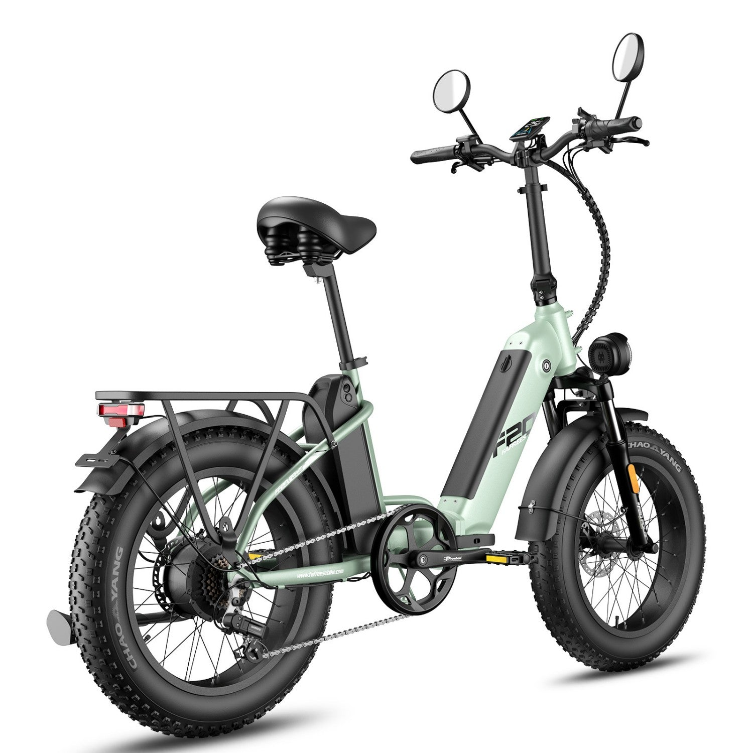 Hellgrünes Klapprad mit breiten Reifen, Gepäckträger und einem Akku.