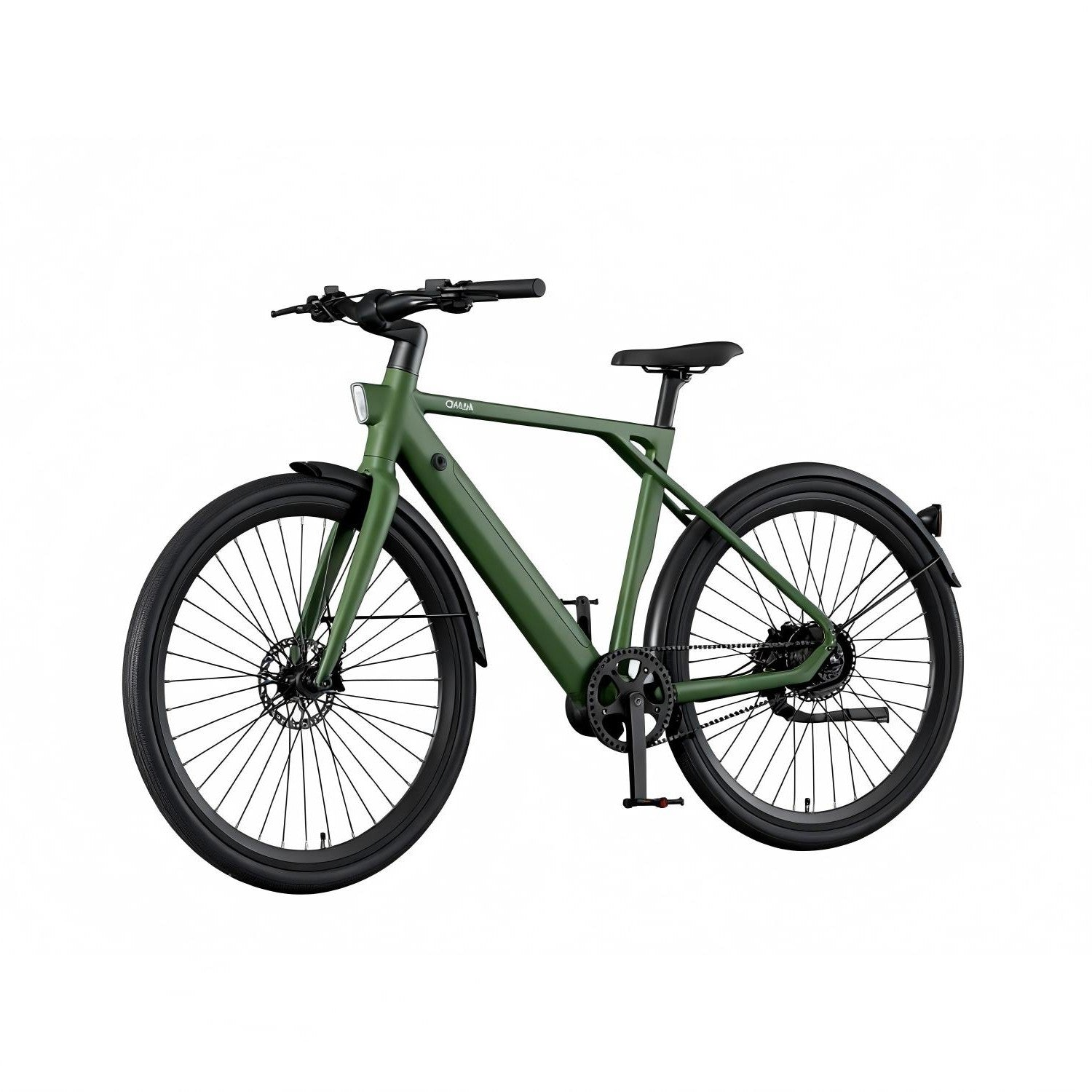 Una bicicleta verde oscuro con neumáticos y ruedas negras, sobre fondo blanco.