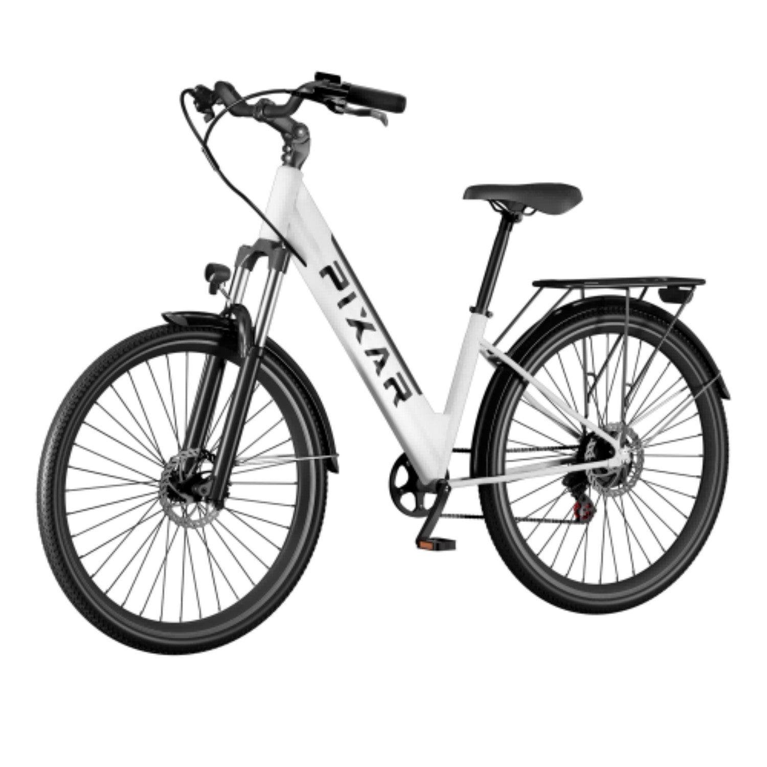 Una bicicleta blanca con detalles negros y el logo PIXAR.