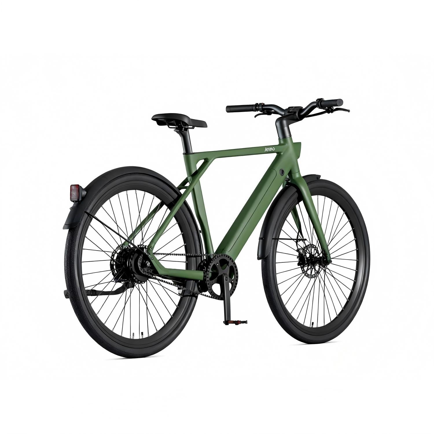 Una bicicleta verde con ruedas y guardabarros negros.